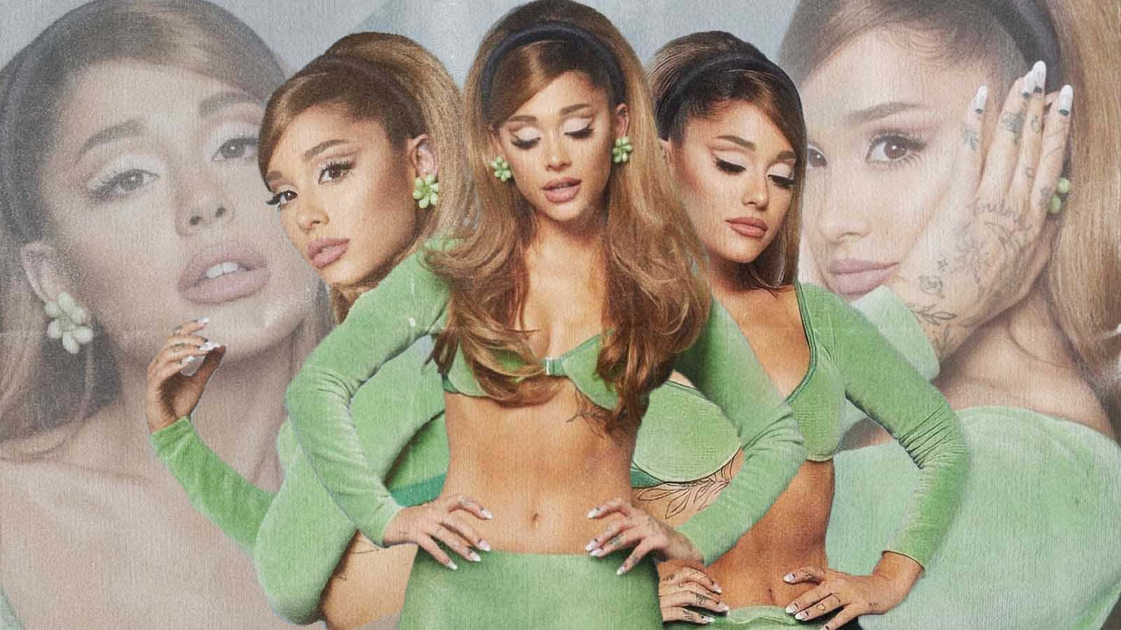  壁紙 — Ariana Grande 身穿鮮綠色服裝，自信地擺姿勢，搭配多層柔和焦點的人像重疊效果。