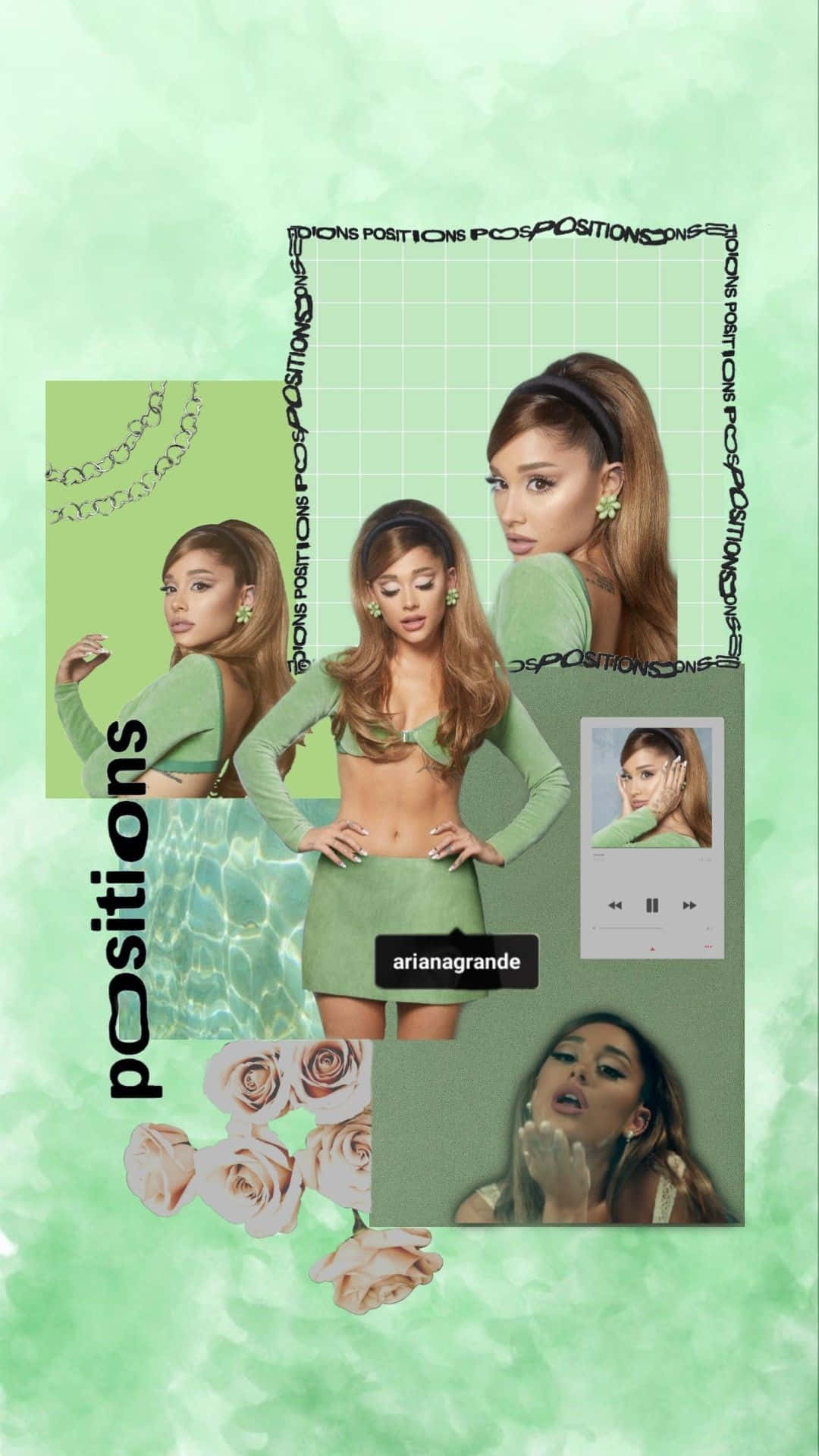  壁紙 — Ariana Grande 穿著綠色服裝，在薄荷綠水彩背景前擺姿勢，背景有玫瑰花瓣和專輯藝術拼貼。