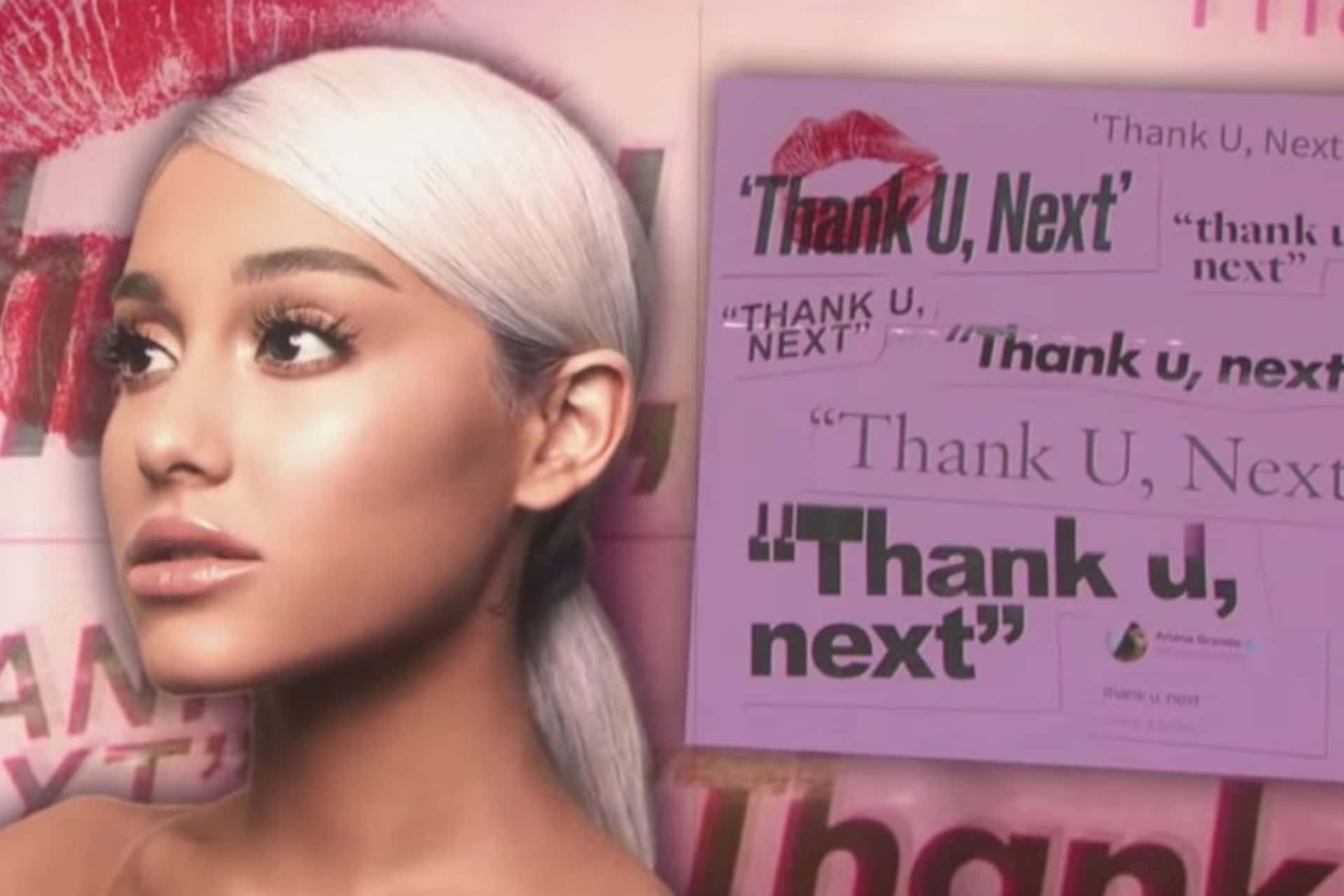  壁紙 — Ariana Grande 一頭白金髮，在粉紅色背景前溫柔凝視，背景上以多種字體填滿了她的專輯名稱「Thank U, Next」。