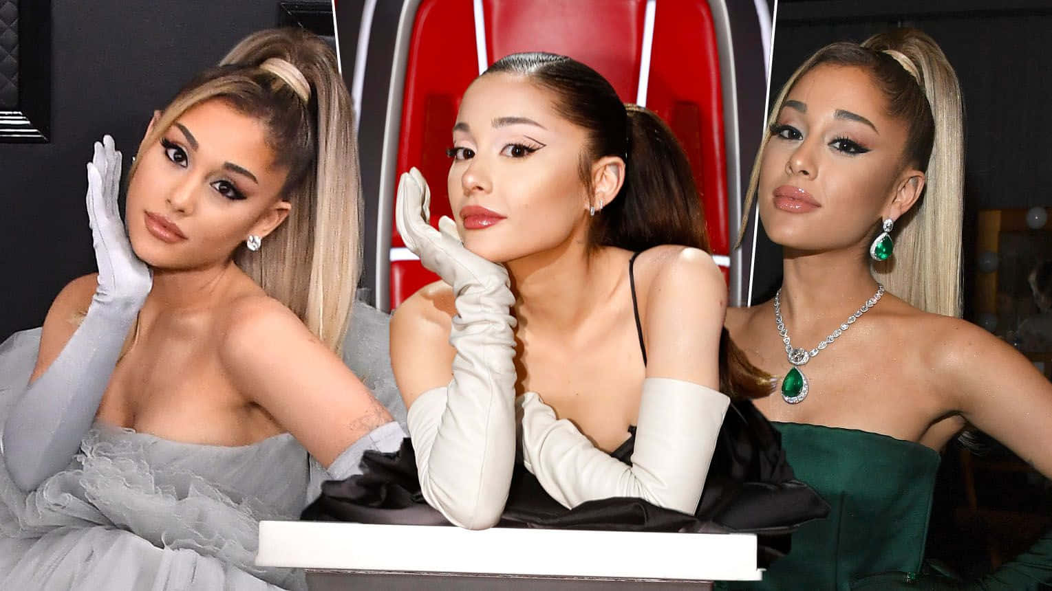 亞莉安娜·格蘭德 桌布 壁紙 — Ariana Grande 以三套華麗服裝搭配白色手套，在紅色椅子背景下優雅擺姿勢。