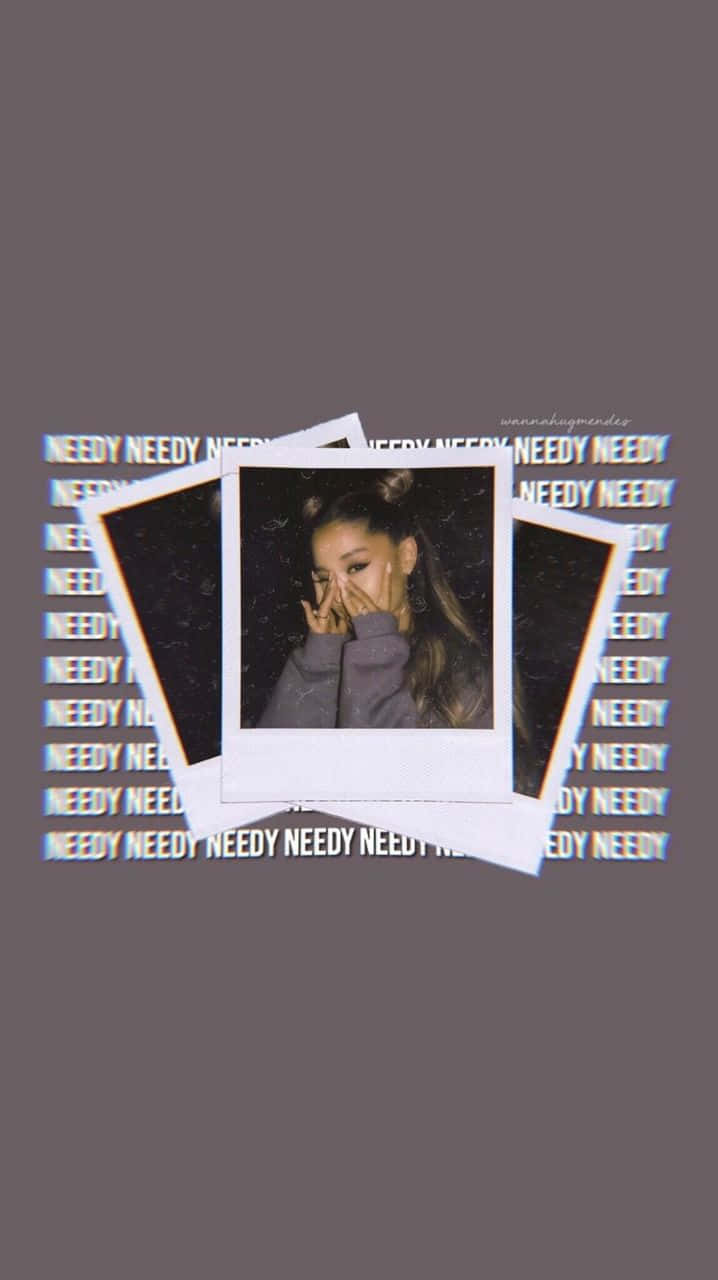 Ariana Grande 的拍立得照片，帶有 'NEEDY' 文字以故障效果重複顯示。