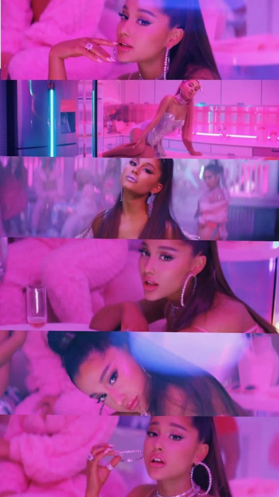 Ariana Grande 7 Rings 桌布 壁紙 — Ariana Grande 在一個充滿未來感的粉紅色房間裡擺姿勢，房間裡有霓虹燈和豪華家具。