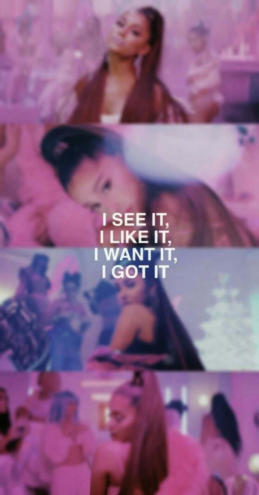 Ariana Grande 7 Rings 桌布 壁紙 — Ariana Grande 在粉紅色派對場景中，帶有文字疊加 'I SEE IT I LIKE IT I WANT IT I GOT IT'
