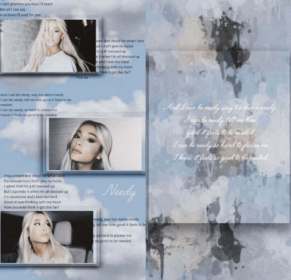 Aesthetic Ariana Grande 桌布 壁紙 — Ariana Grande 照片拼貼，歌詞疊加在柔和的藍色水彩背景上。
