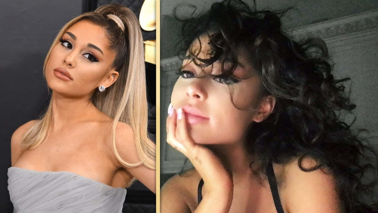 亞莉安娜·格蘭德 桌布 壁紙 — Ariana Grande 的分割肖像，展現迷人與自然姿態，搭配對比鮮明的髮型和燈光。
