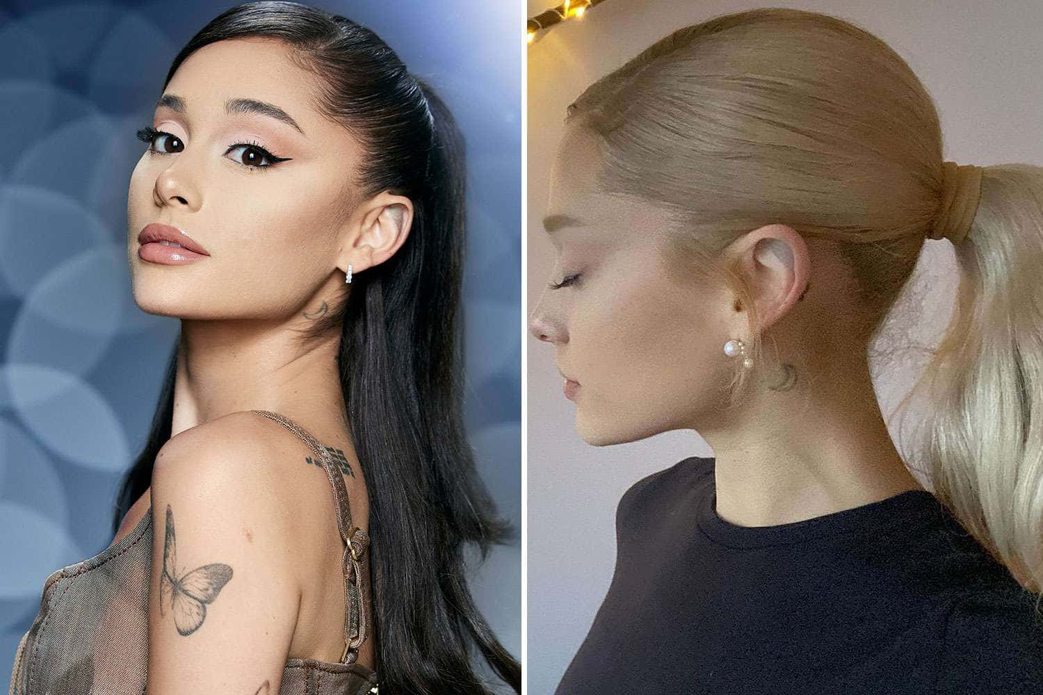 亞莉安娜·格蘭德 桌布 壁紙 — Ariana Grande 的分割肖像，深色頭髮和蝴蝶紋身，旁邊是金色馬尾辮，光線柔和。