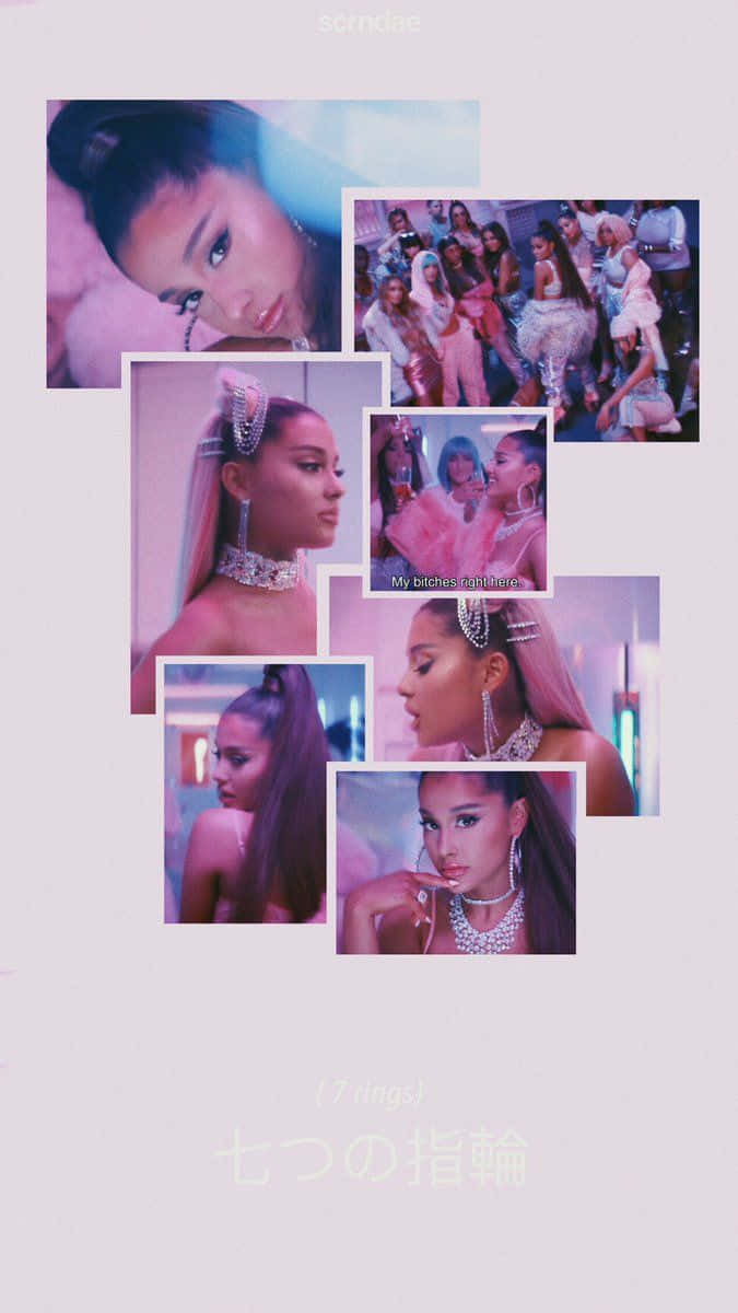 Ariana Grande Aesthetic 桌布 壁紙 — Ariana Grande 的拼貼畫，來自她的《7 Rings》音樂錄影帶，以粉紅和紫色調為主，搭配閃亮珠寶和富有表現力的姿勢。