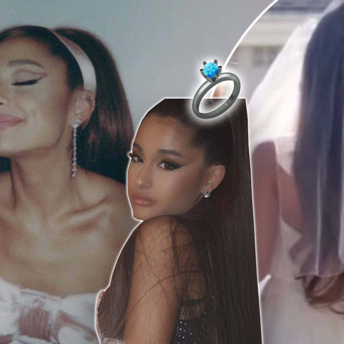 Ariana Grande 身穿白色連衣裙和鑽石耳環，頭頂上方漂浮著一枚藍色鑽石戒指。 — 亞莉安娜·格蘭德 GIF 壁紙