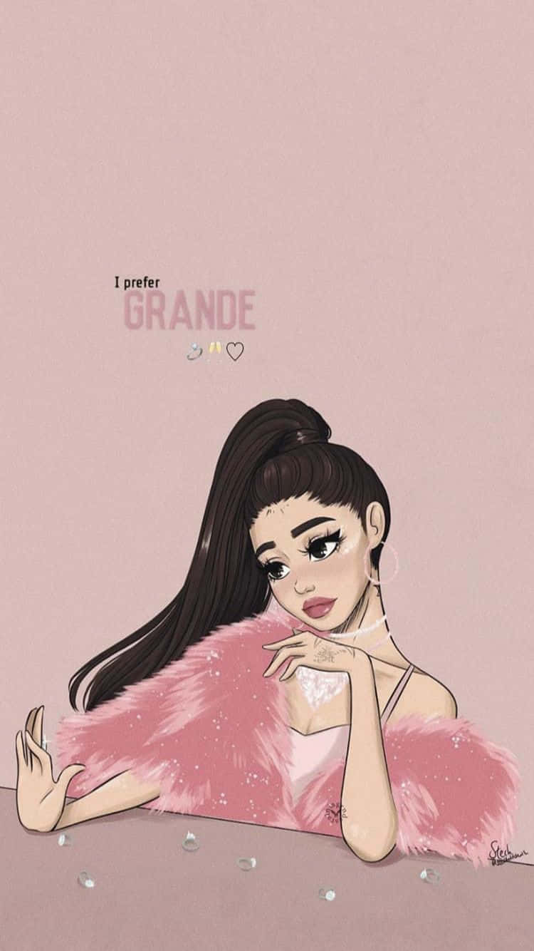 Ariana Grande 穿著粉紅色皮草披肩，文字為 I prefer GRANDE