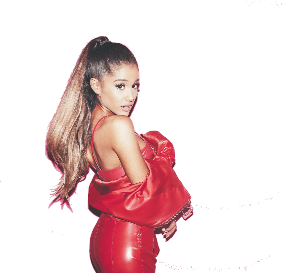 Ariana Grande Cute 桌布 壁紙 — Ariana Grande 身穿閃亮紅色服裝，在黑色背景前擺姿勢，帶有閃爍的軌跡效果。
