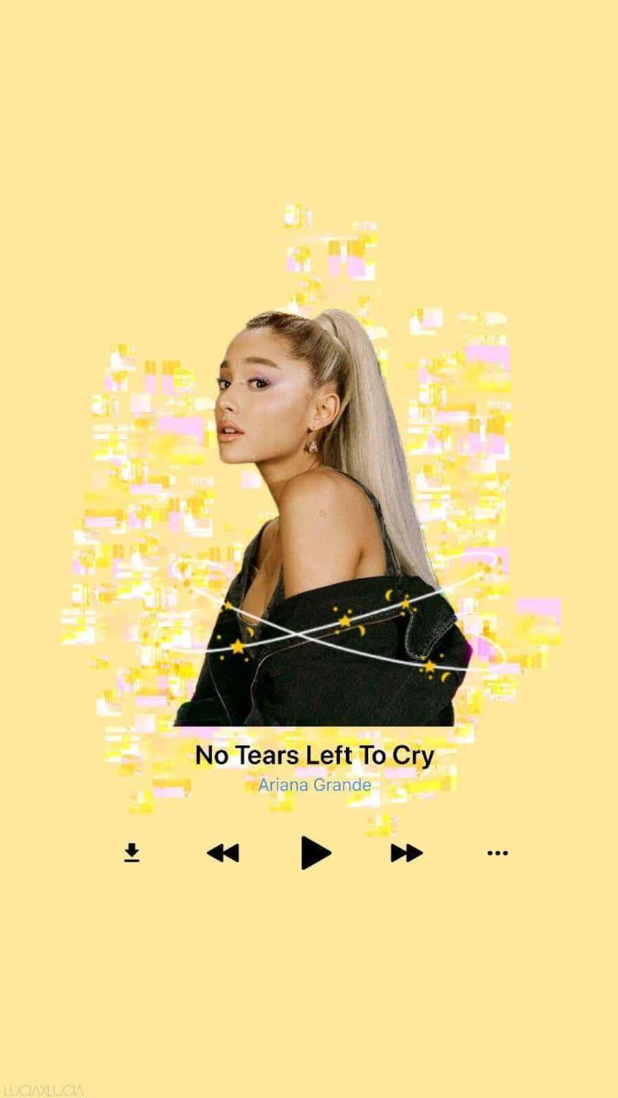Aesthetic Ariana Grande 桌布 壁紙 — Ariana Grande 身穿黑色露肩上衣，背景為柔和黃色，帶有浮動像素化五彩紙屑和音樂播放器界面。