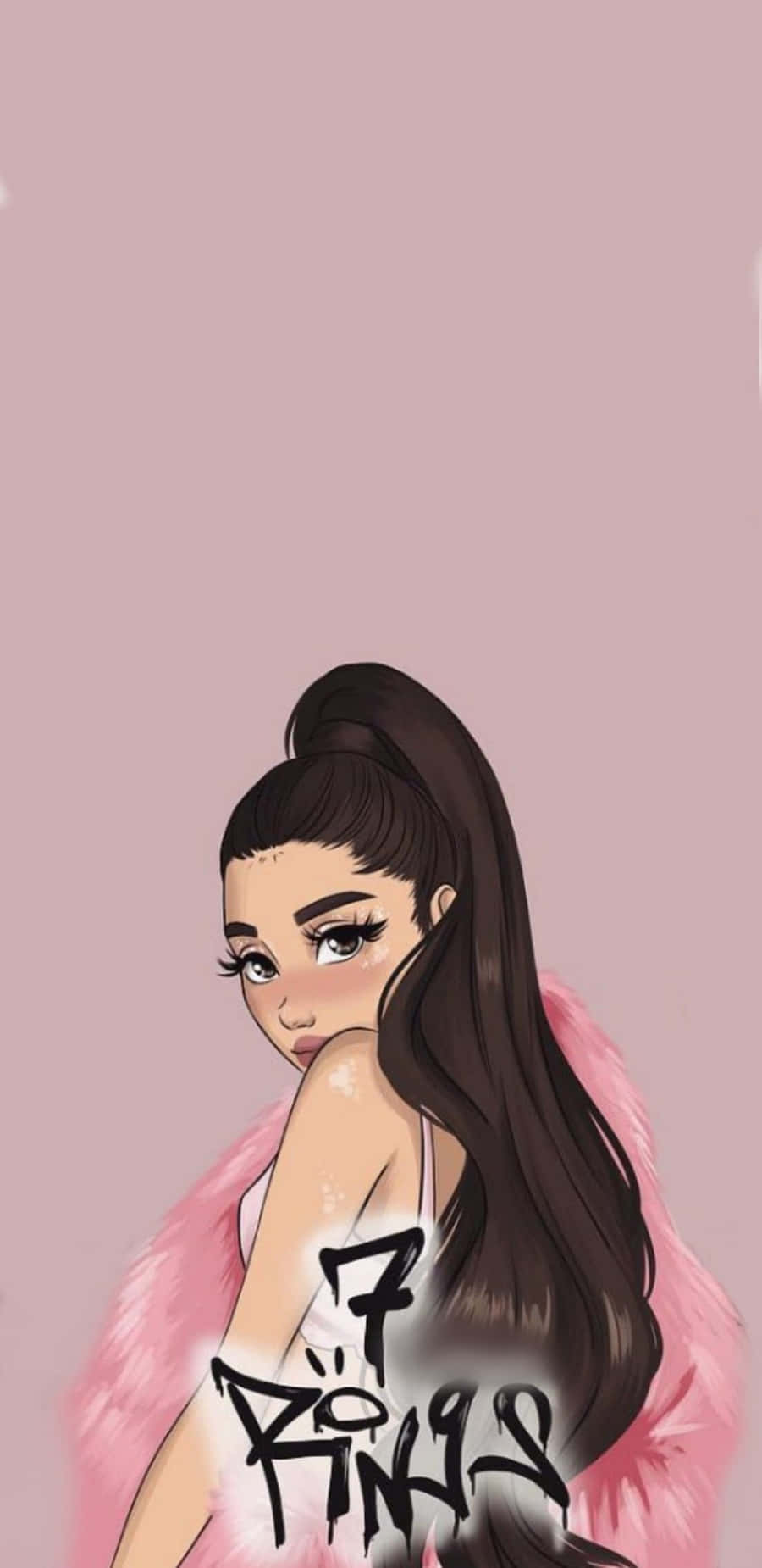 Ariana Grande 7 Rings 桌布 壁紙 — Ariana Grande 身穿粉紅色皮草外套，手臂上有「7 Rings」塗鴉，背景為柔和粉紅色。