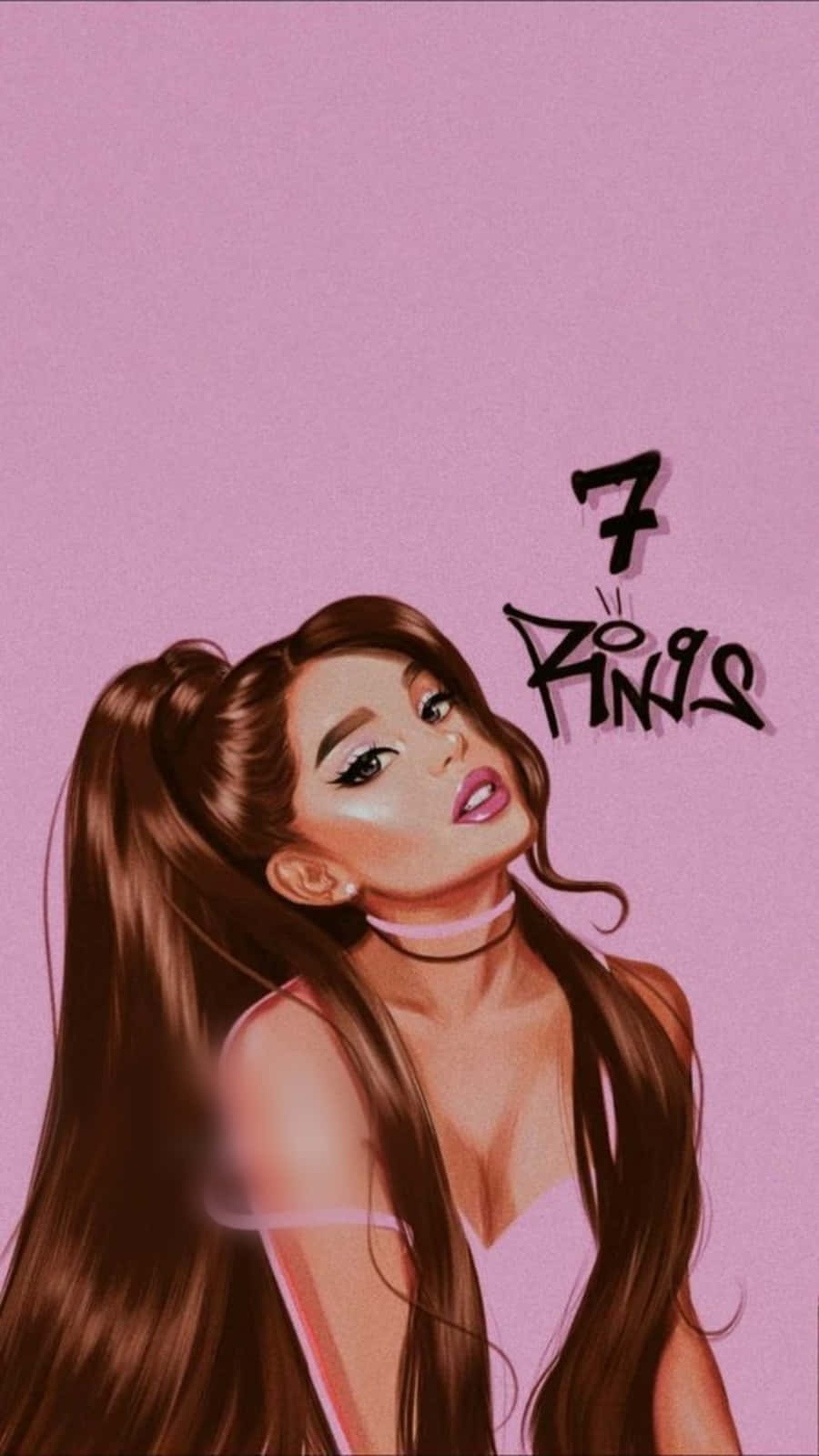 Ariana Grande 7 Rings 桌布 壁紙 — Ariana Grande 身穿粉紅色服裝，長長的棕色頭髮梳成高馬尾，背景為純粉紅色，帶有「7 Rings」文字。