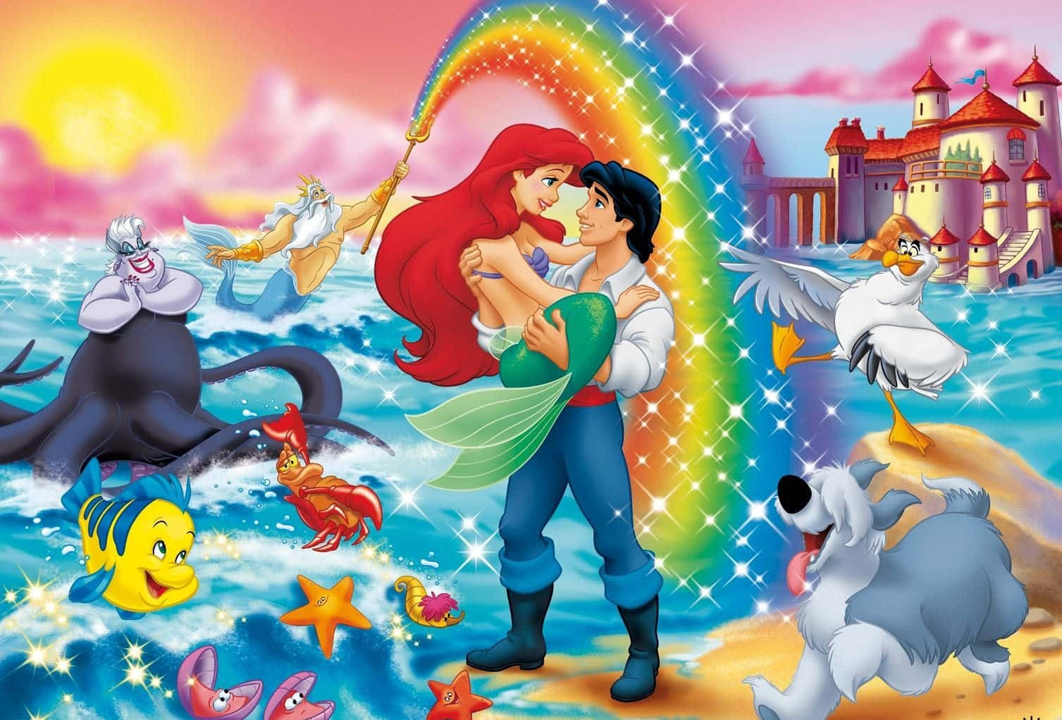 little mermaid 桌布 壁紙 — Ariel 和 Eric 在閃爍的彩虹下擁抱，海洋生物和城堡環繞著他們，構成充滿活力的迪士尼場景。