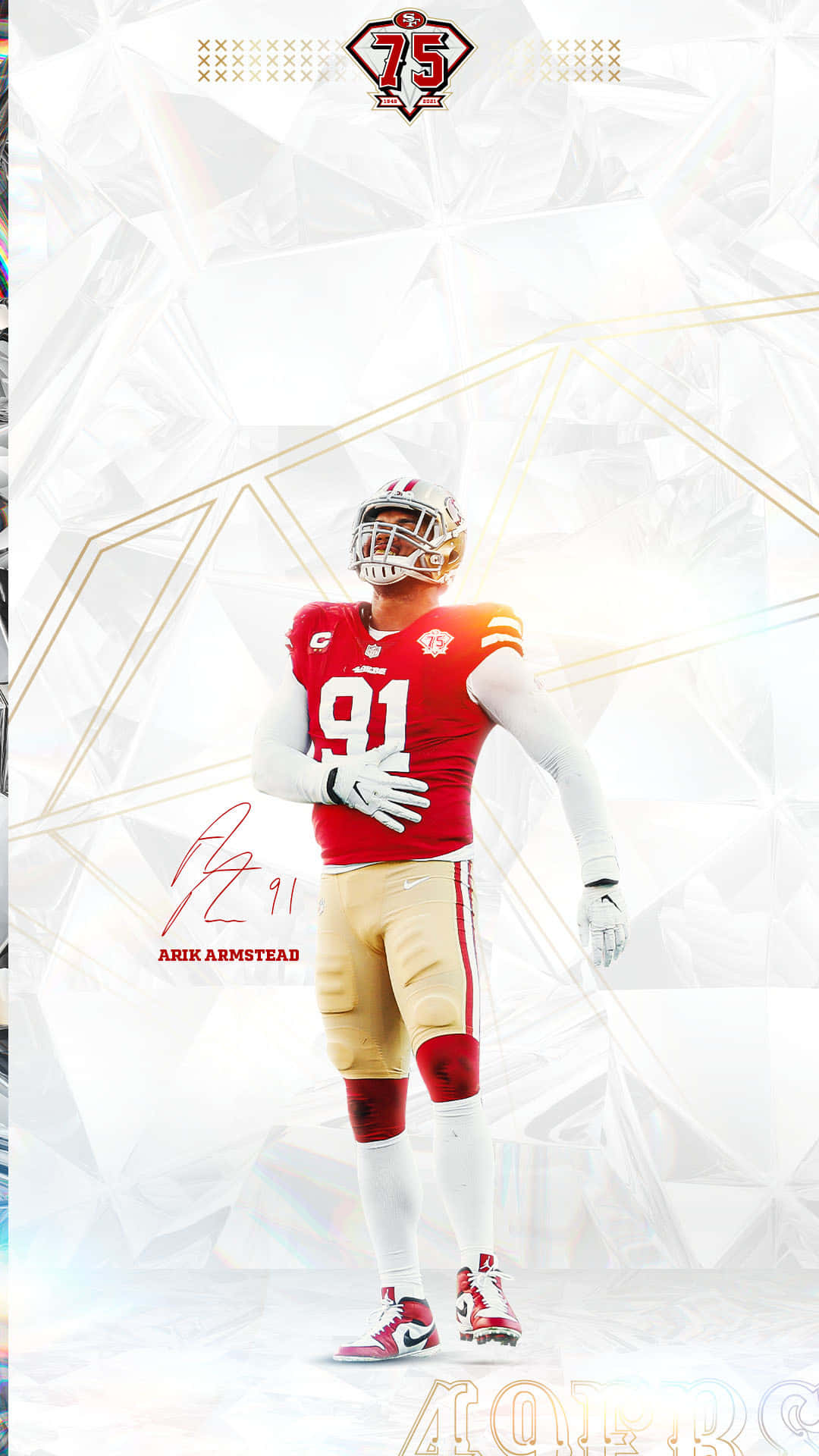 San Francisco 49ers 桌布 壁紙 — Arik Armstead 身穿紅金色49ers球衣，自信地站在幾何白色和金色背景前，上方有'75'標誌。