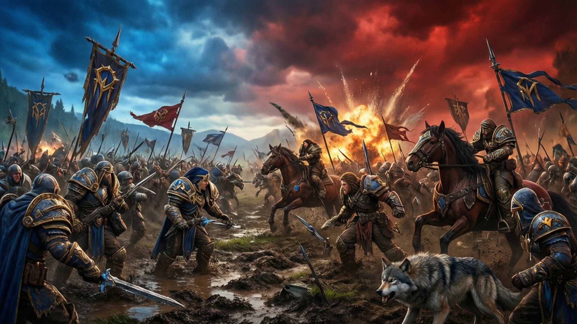 Battlefield of Ashenvale 壁紙 — 身穿盔甲的騎士和騎兵在泥濘的戰場上，在風暴般的紅藍天空下，伴隨著爆炸和一隻狼在前景中交戰。