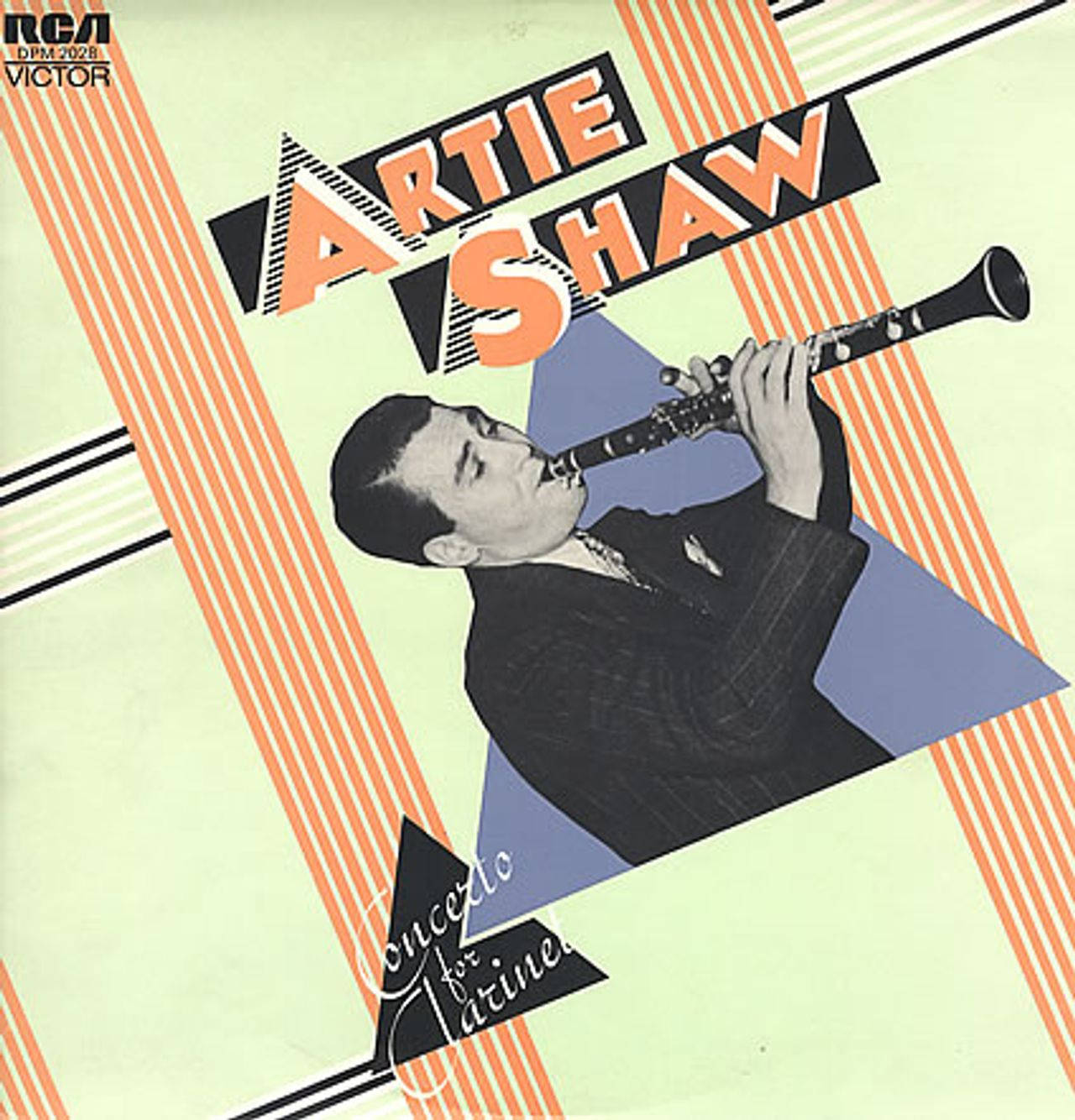 Album Cover 桌布 壁紙 — Artie Shaw 在復古爵士專輯封面上演奏單簧管，背景為幾何橙色和藍色條紋。
