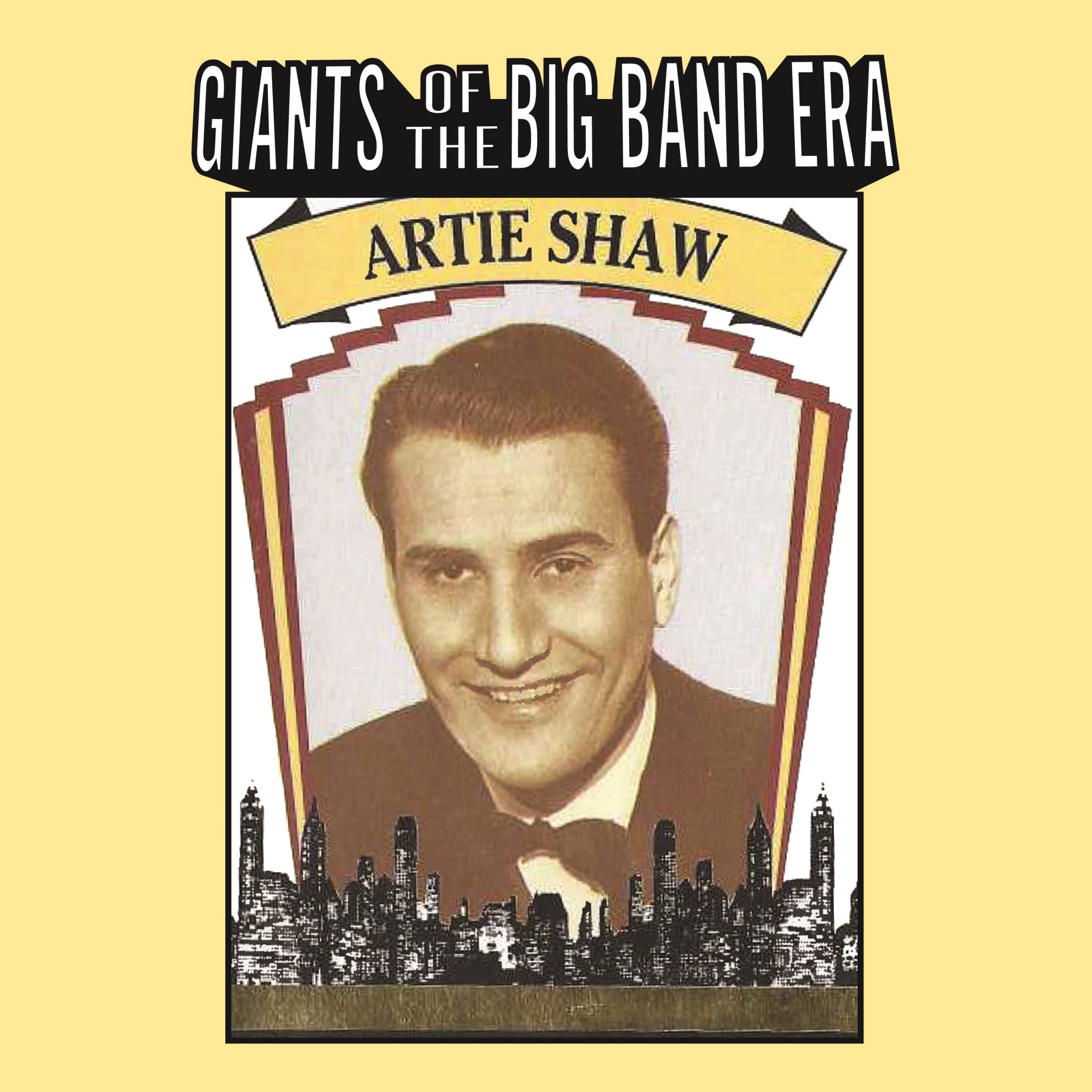 音樂 桌布 壁紙 — Artie Shaw 微笑身穿西裝配蝴蝶結的復古海報，以裝飾藝術設計和下方城市天際線框住。
