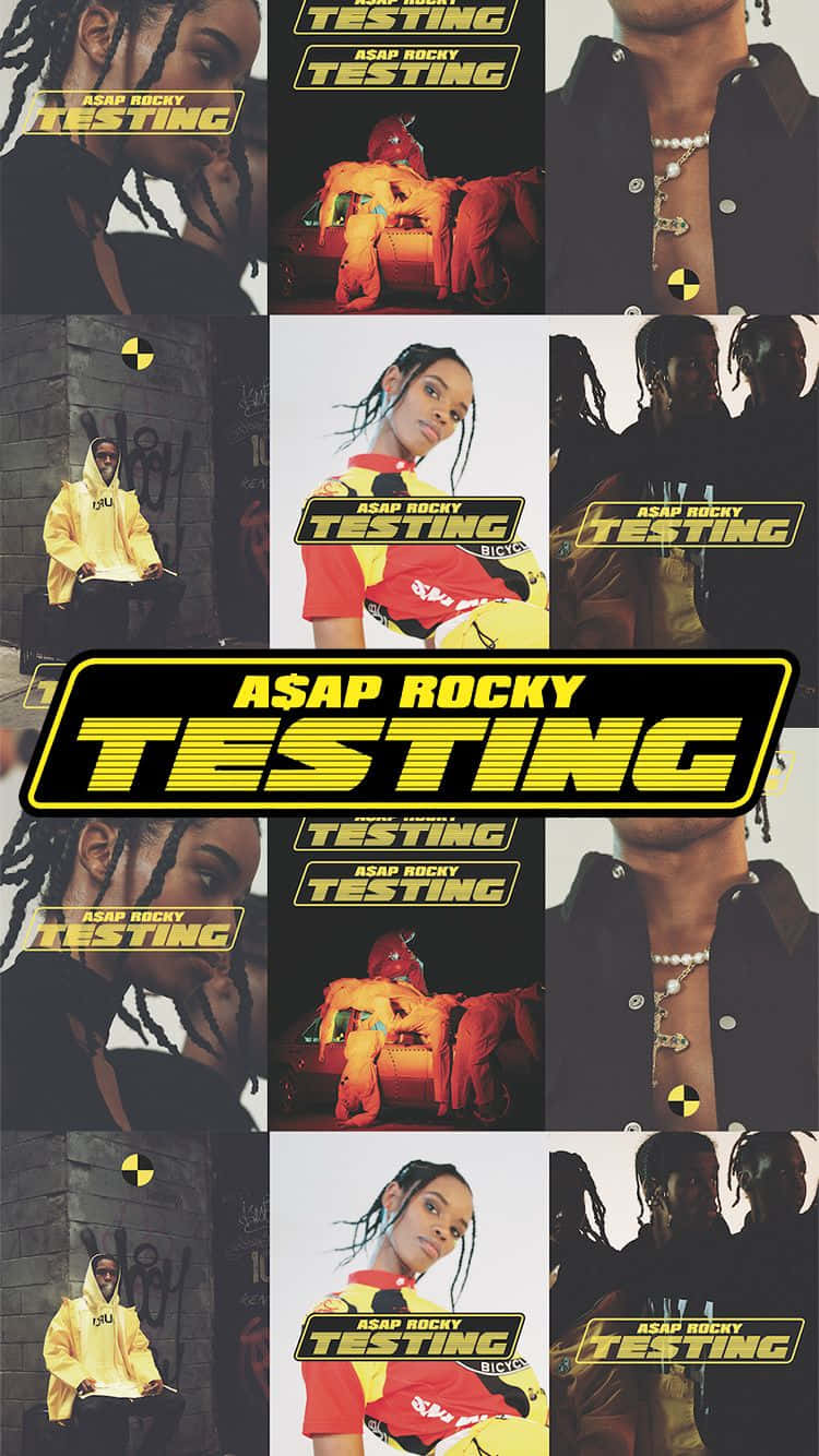 album 桌布 壁紙 — ASAP Rocky 在各種城市姿勢中的拼貼畫，穿著大膽的黃色和紅色服裝，帶有「TESTING」文字疊加。