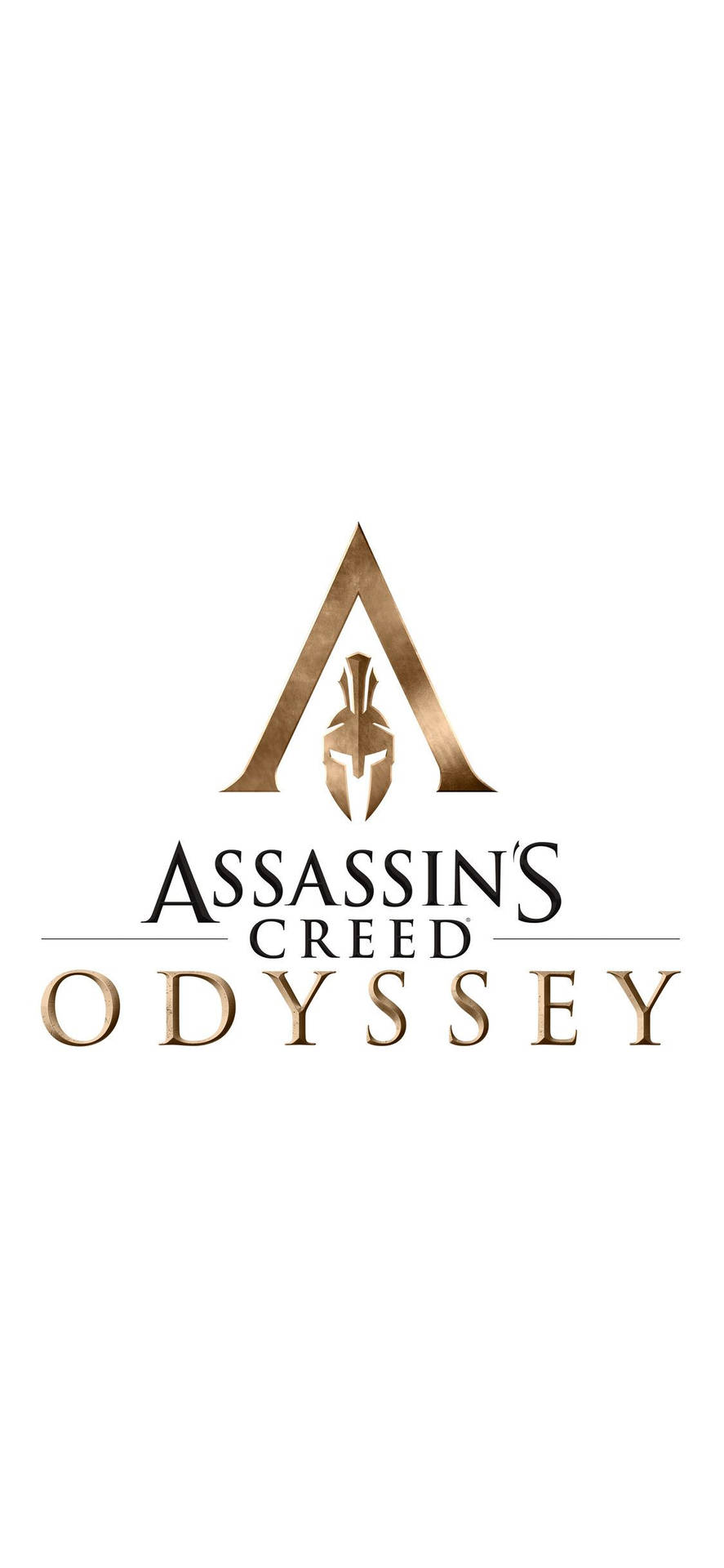 電玩遊戲 桌布 壁紙 — Assassin's Creed Odyssey 標誌在乾淨的白色背景上，一個風格化的「A」內有一個金色的斯巴達頭盔。