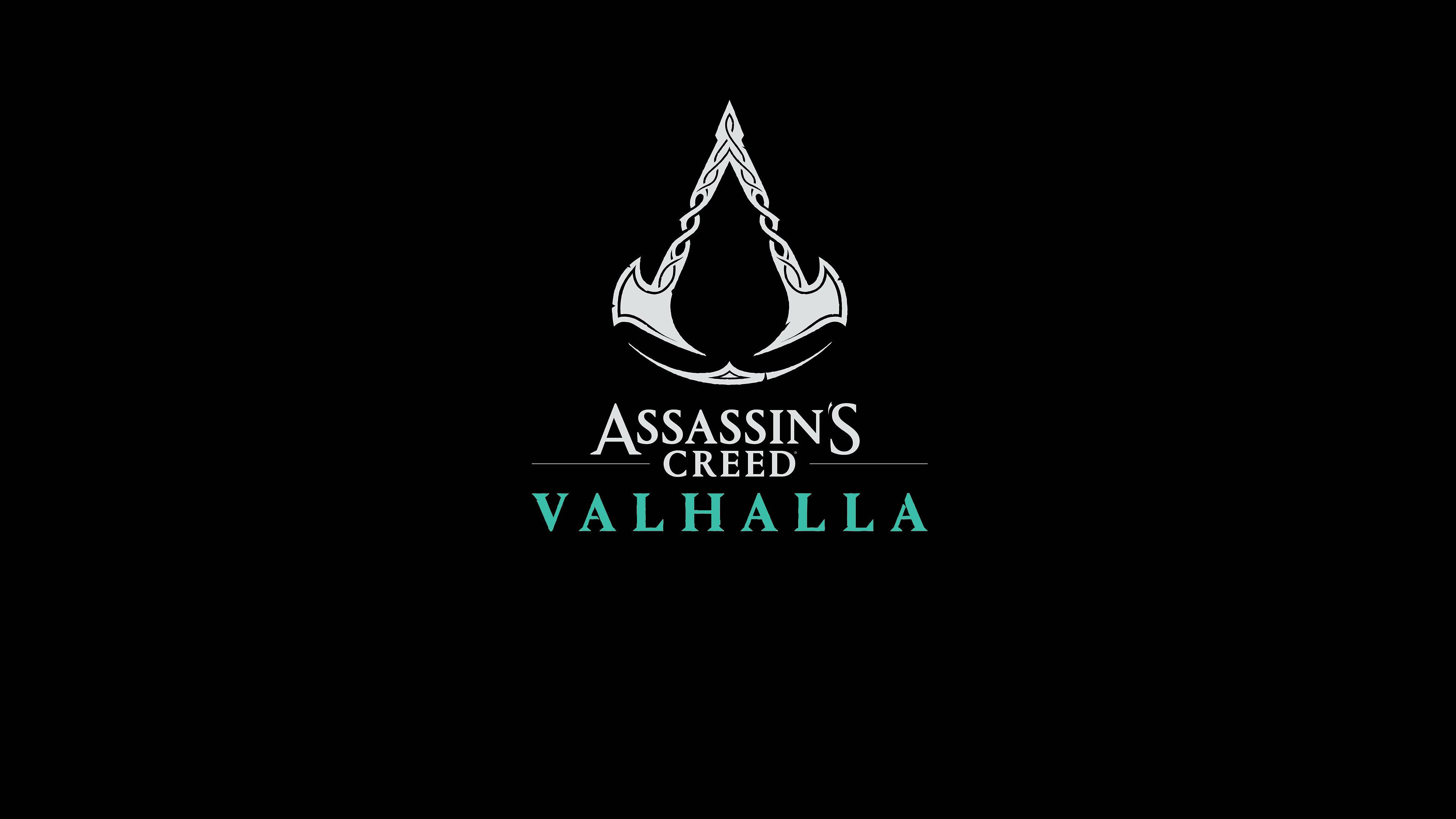 Valhalla 桌布 壁紙 — Assassin's Creed Valhalla 標誌在純黑背景上閃耀著銀色和藍綠色。