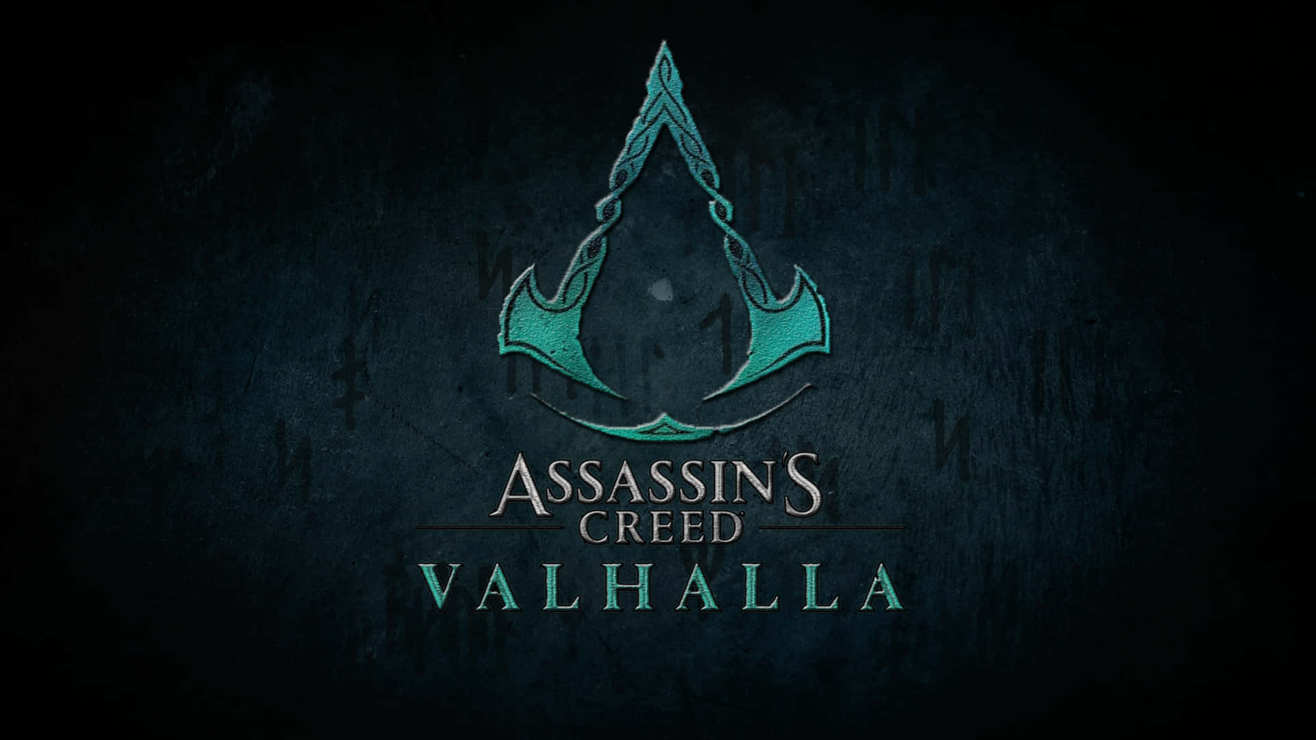 在深色紋理背景上帶有青綠色徽章和文字的 Assassin's Creed Valhalla 標誌。 — 4K 壁紙
