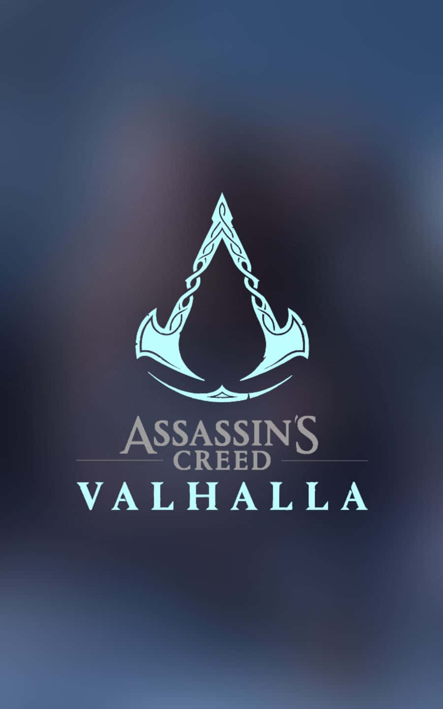 video games 桌布 壁紙 — Assassin's Creed Valhalla 標誌在模糊的深藍色漸變背景上發出青色光芒。