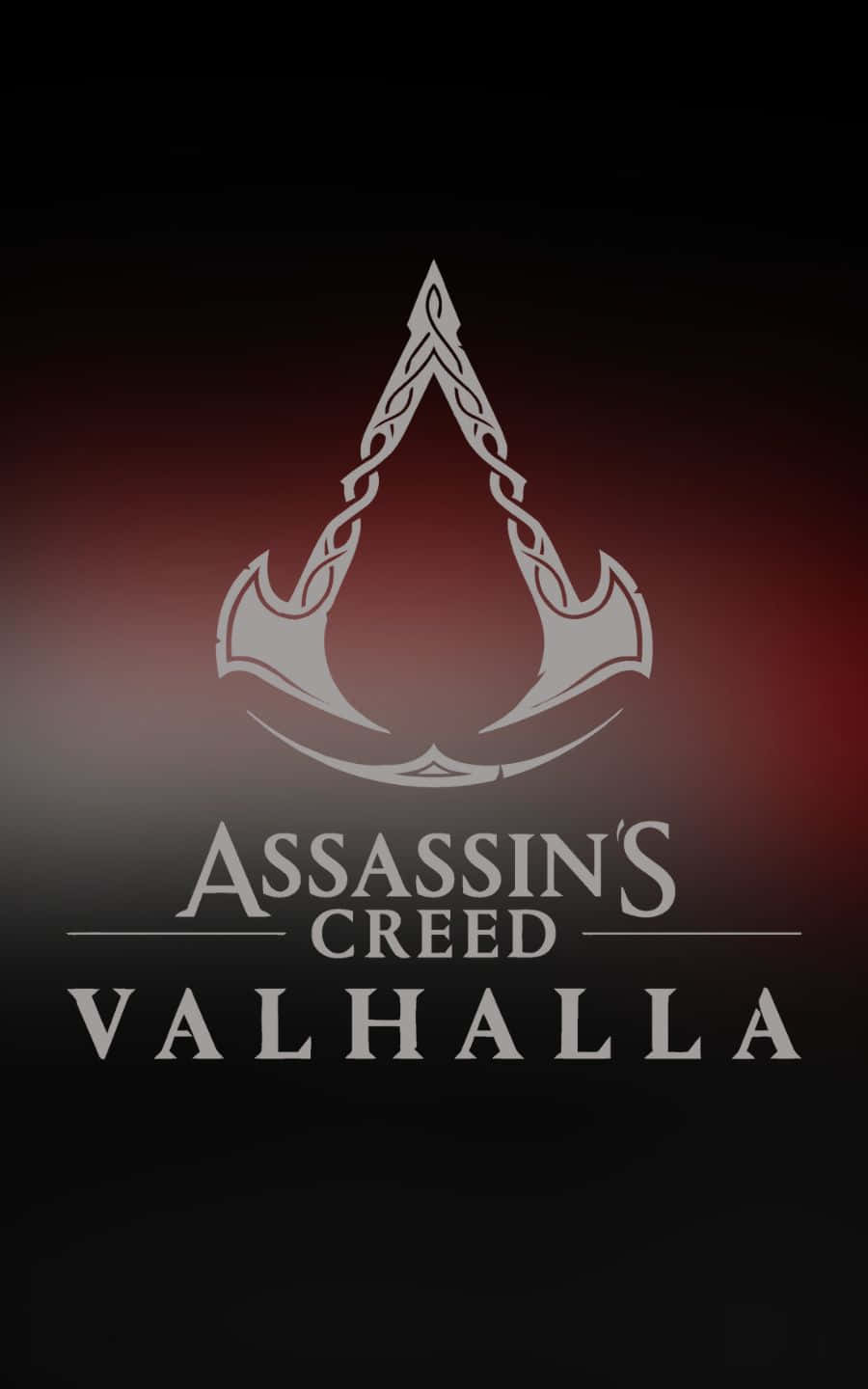 assassin's creed 桌布 壁紙 — Assassin's Creed Valhalla 標誌在深紅色漸變背景上閃耀銀色光芒。