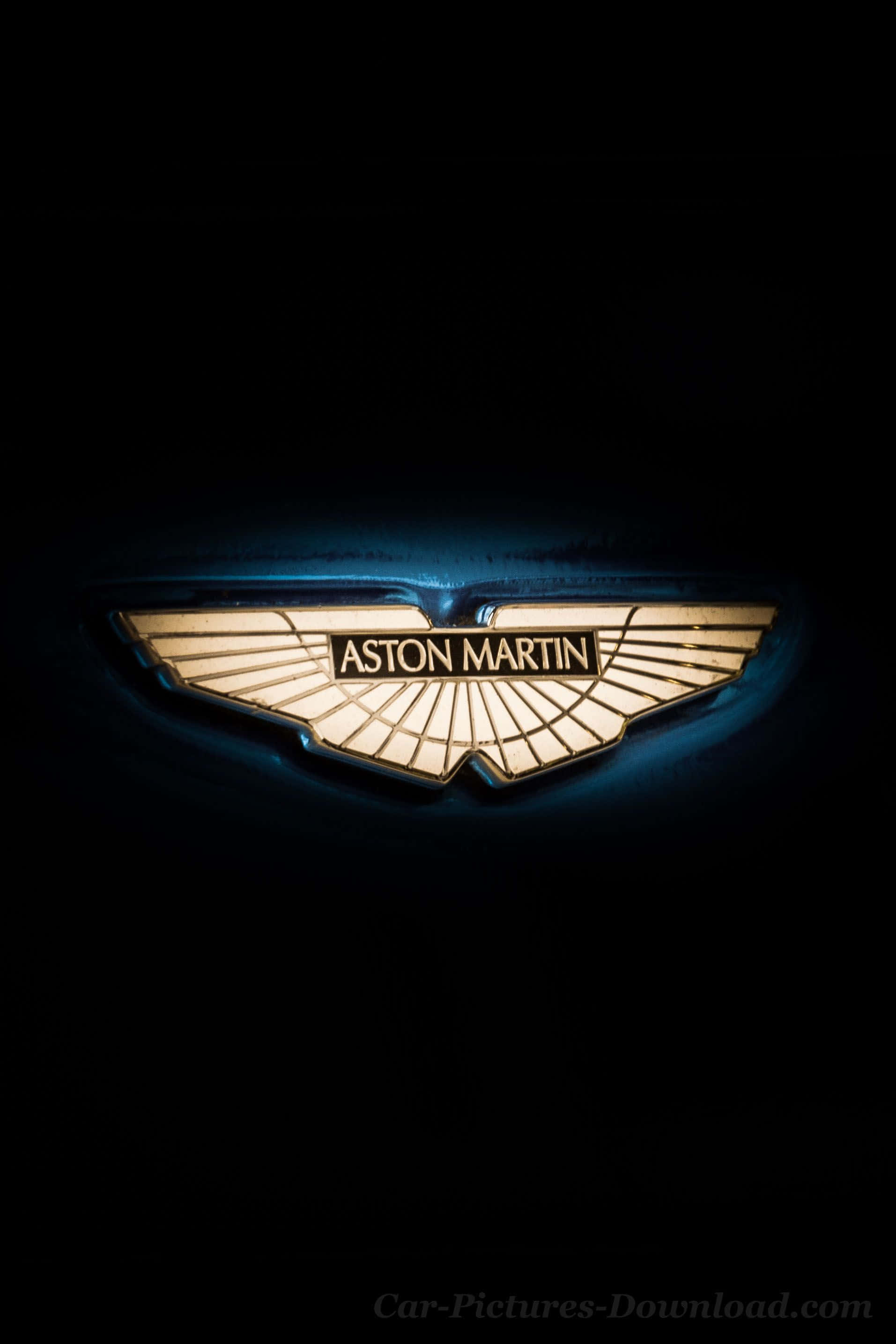 奧斯頓馬丁 桌布 壁紙 — Aston Martin 翼形標誌在深黑色背景上發出金色光芒，並以冷藍色照明框住。