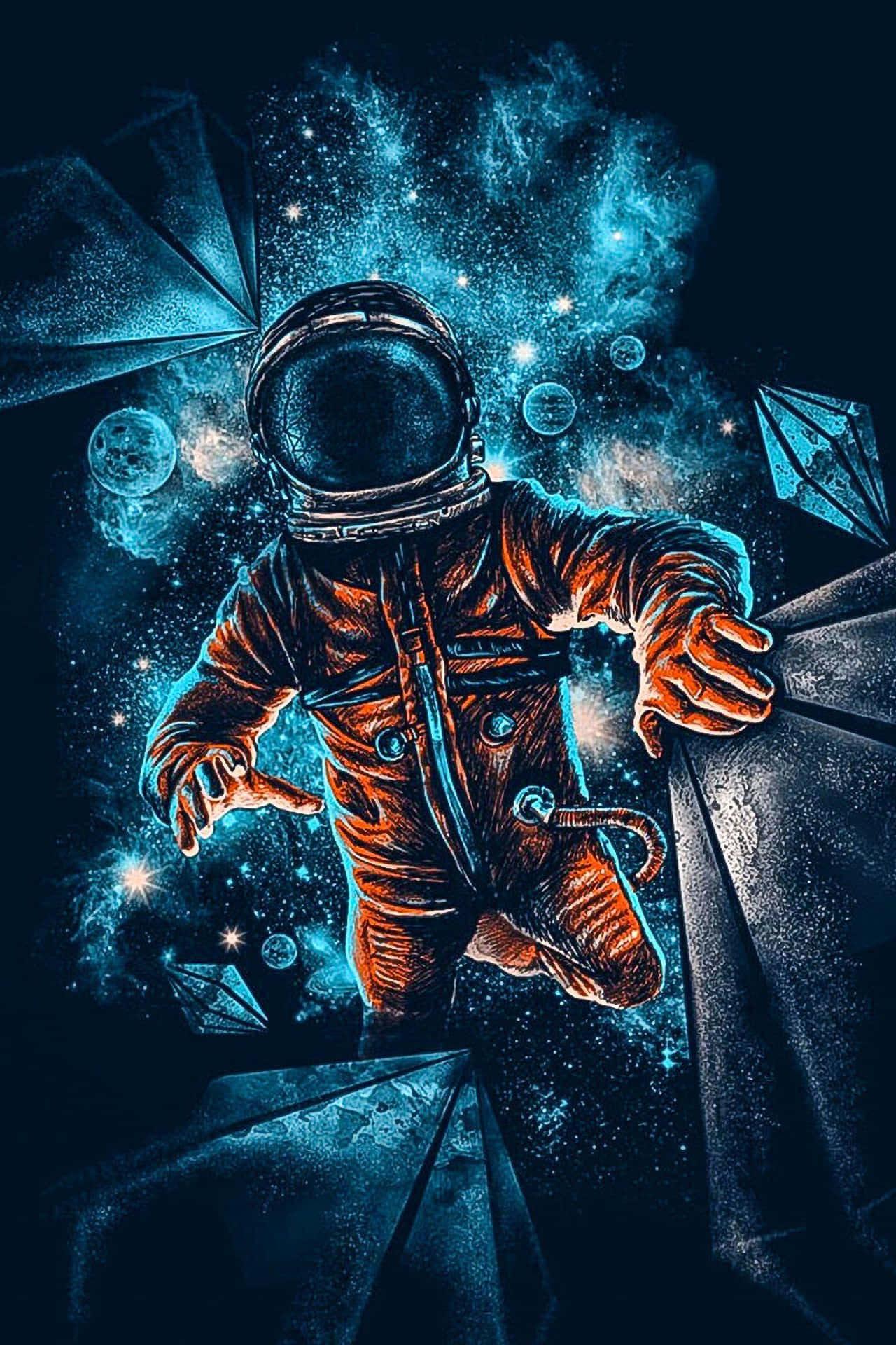  壁紙 — 一名身穿鏽色太空衣的太空人在黑暗虛空中漂浮，周圍是發光的藍色宇宙晶體和星星。