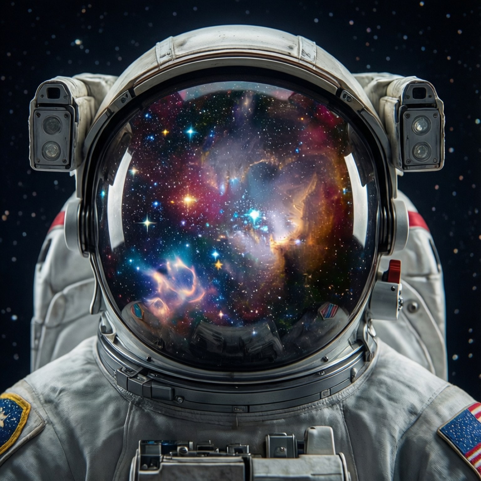 Astronaut Galaxy Helmet 壁紙 — 一名身穿白色太空衣的太空人凝視著一個充滿活力的星雲，其中粉紅色、藍色和橙色的星星在旋轉，反射在他們的頭盔面罩上。