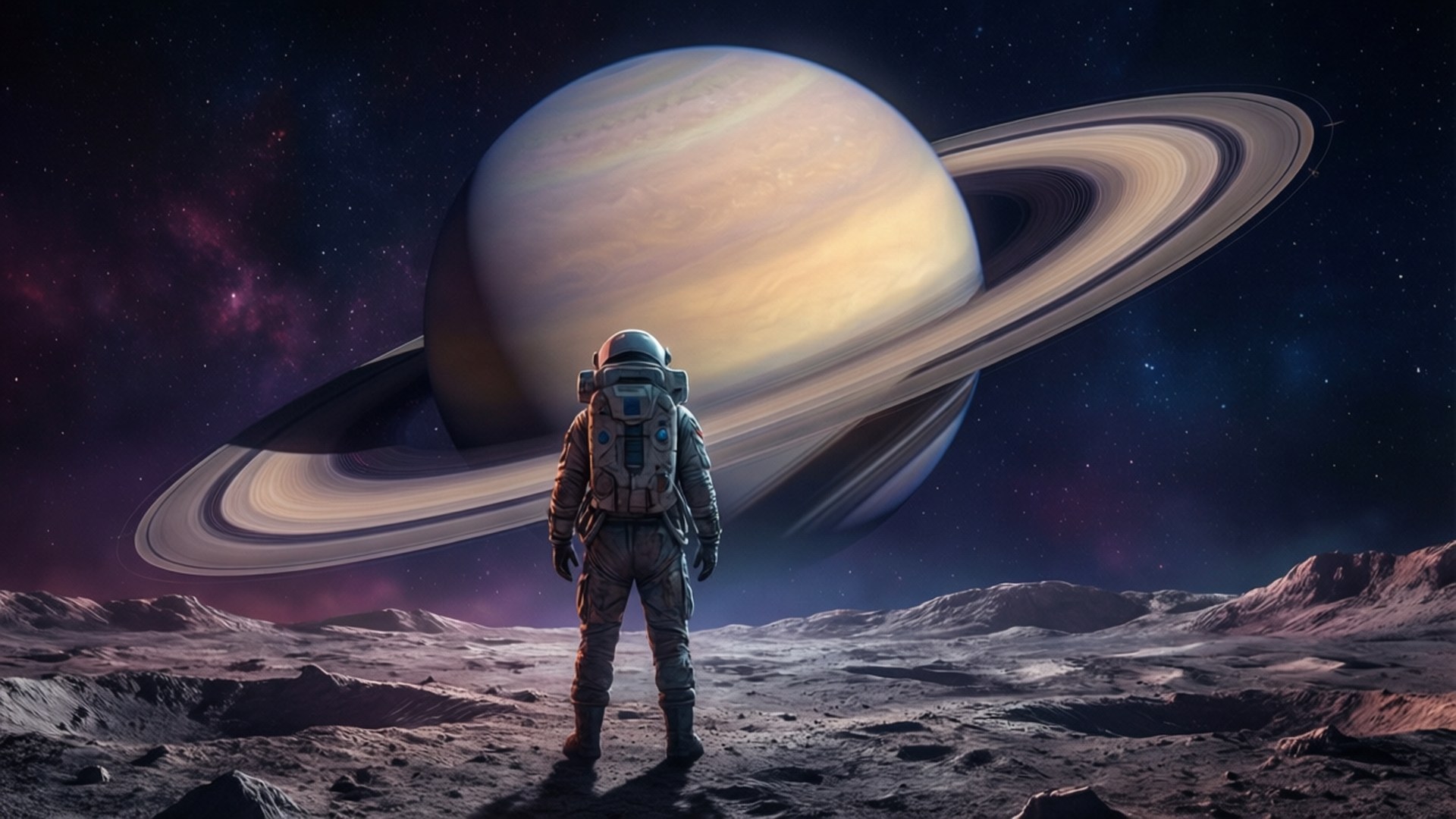 Alien Moon Astronaut 壁紙 — 一名太空人獨自站在岩石外星行星上，凝視著巨大的環狀行星土星在繁星點點的紫色和藍色宇宙中發光。