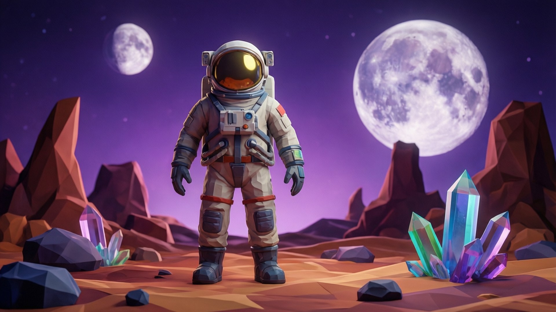 Alien Planet 壁紙 — 一名太空人獨自站在一個超現實的外星行星上，有發光的晶體和兩個月亮在紫色的天空中。