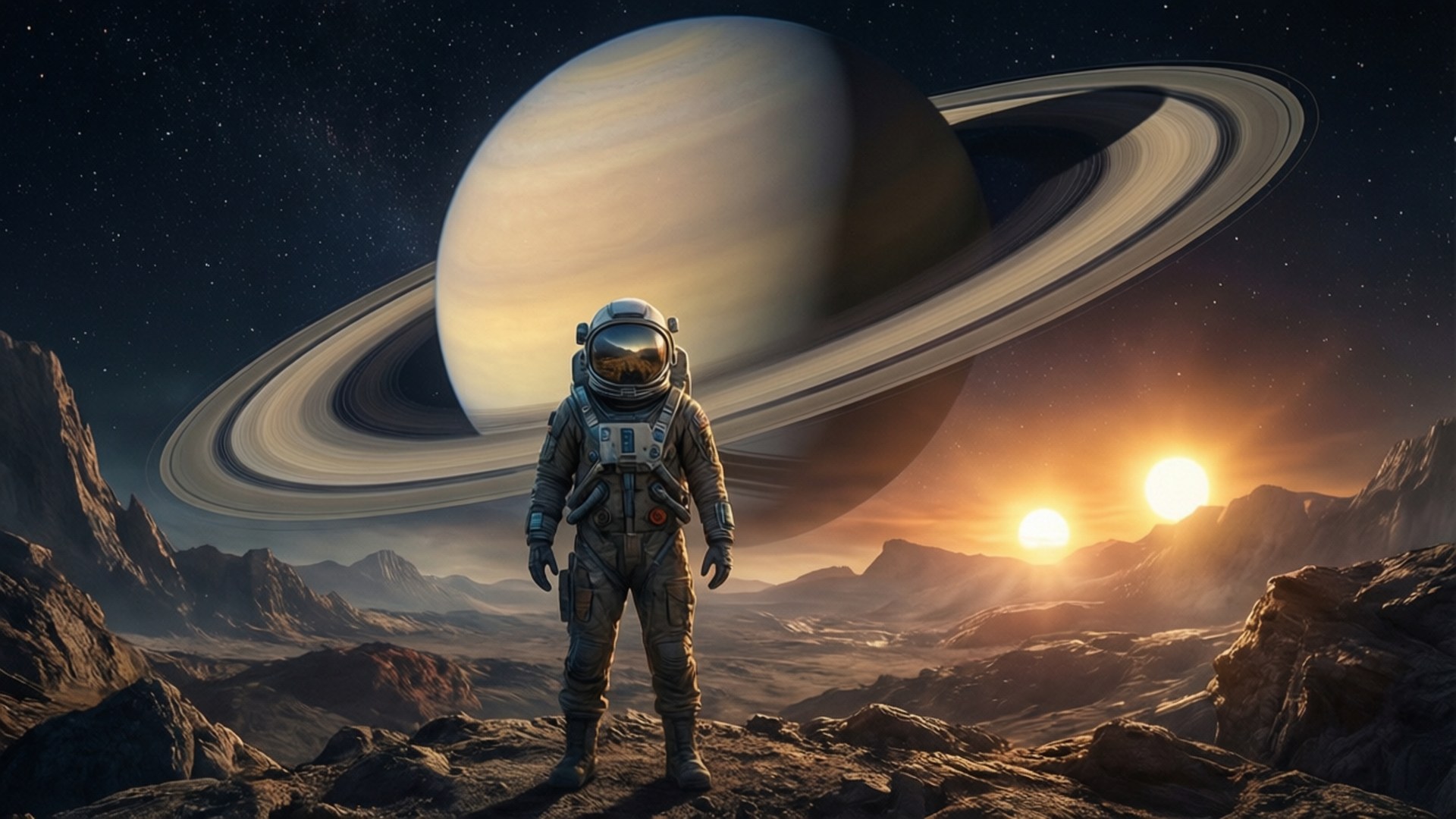 Alien Horizon Gaze 壁紙 — 一名太空人站在岩石外星行星上，凝視著一顆巨大的環狀行星，在暮色天空中與兩個太陽一起發光。