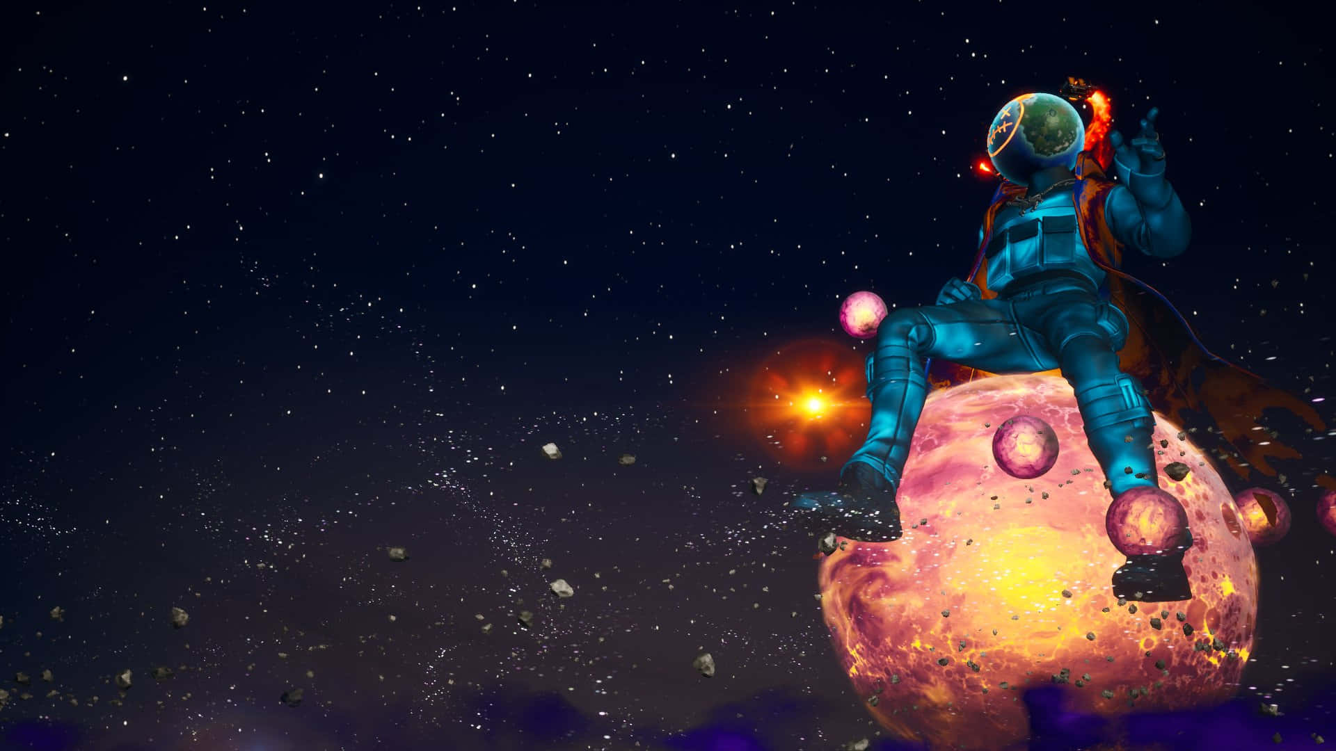太空人坐在一個發光的行星上，在一個充滿星星的宇宙場景中。 — Fortnite 壁紙