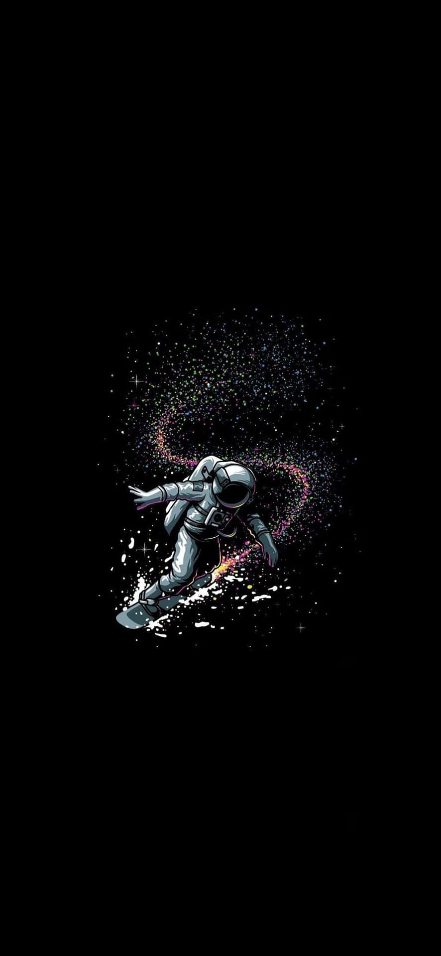  壁紙 — 一位太空人在星空黑色背景上衝浪宇宙波浪，帶有發光粒子軌跡。