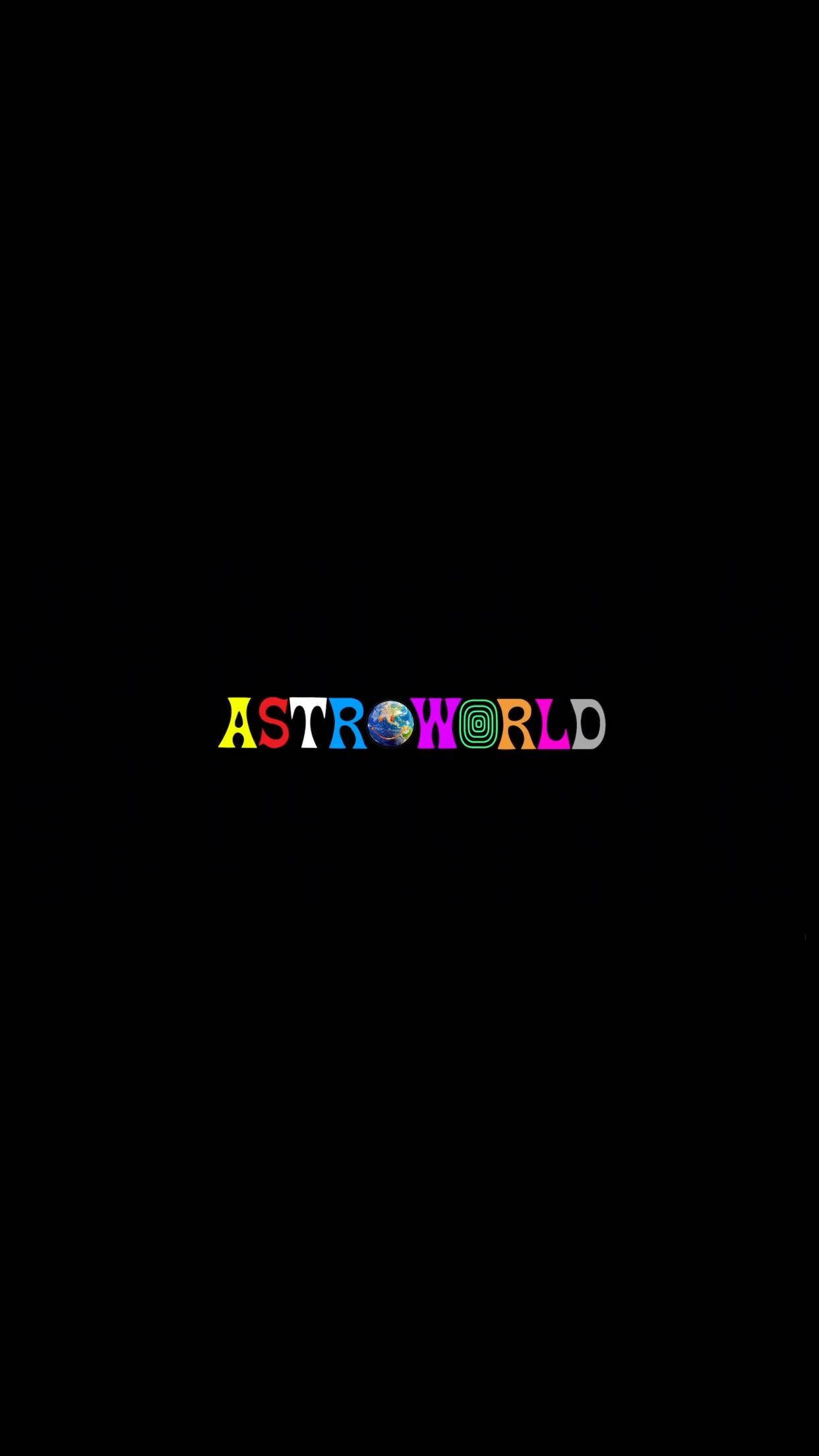 崔維斯·史考特 桌布 壁紙 — 「ASTROWORLD」一詞以色彩繽紛的風格化字母呈現，其中「O」由地球儀取代，置中於黑色背景上。