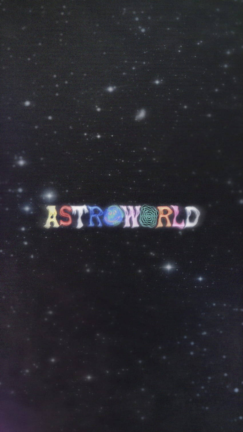Astroworld 桌布 壁紙 — 「ASTROWORLD」一詞以色彩繽紛的風格化字體在滿佈星星的宇宙背景中發光，背景中還有遙遠的星系。