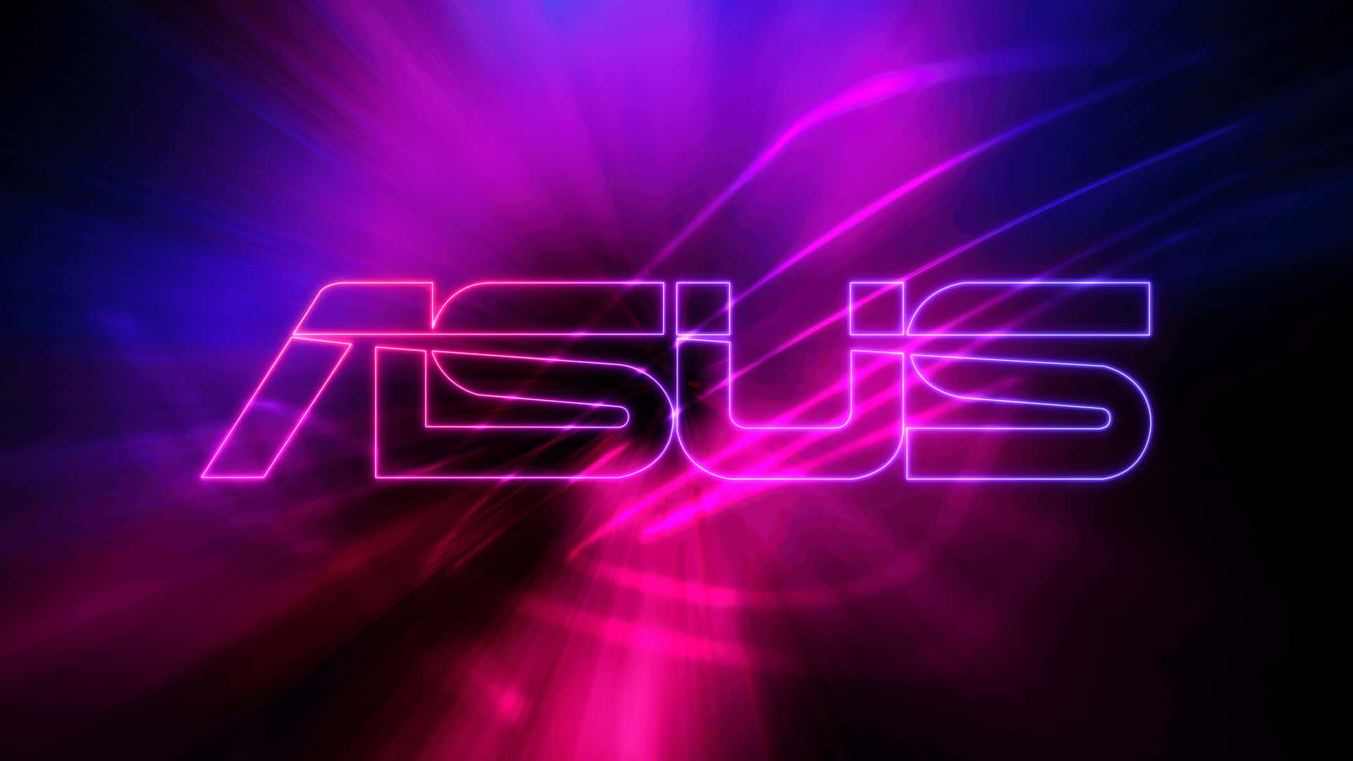  壁紙 — ASUS 標誌在深色背景上以鮮豔的粉紅色和紫色霓虹燈閃耀，並帶有輻射狀光線。
