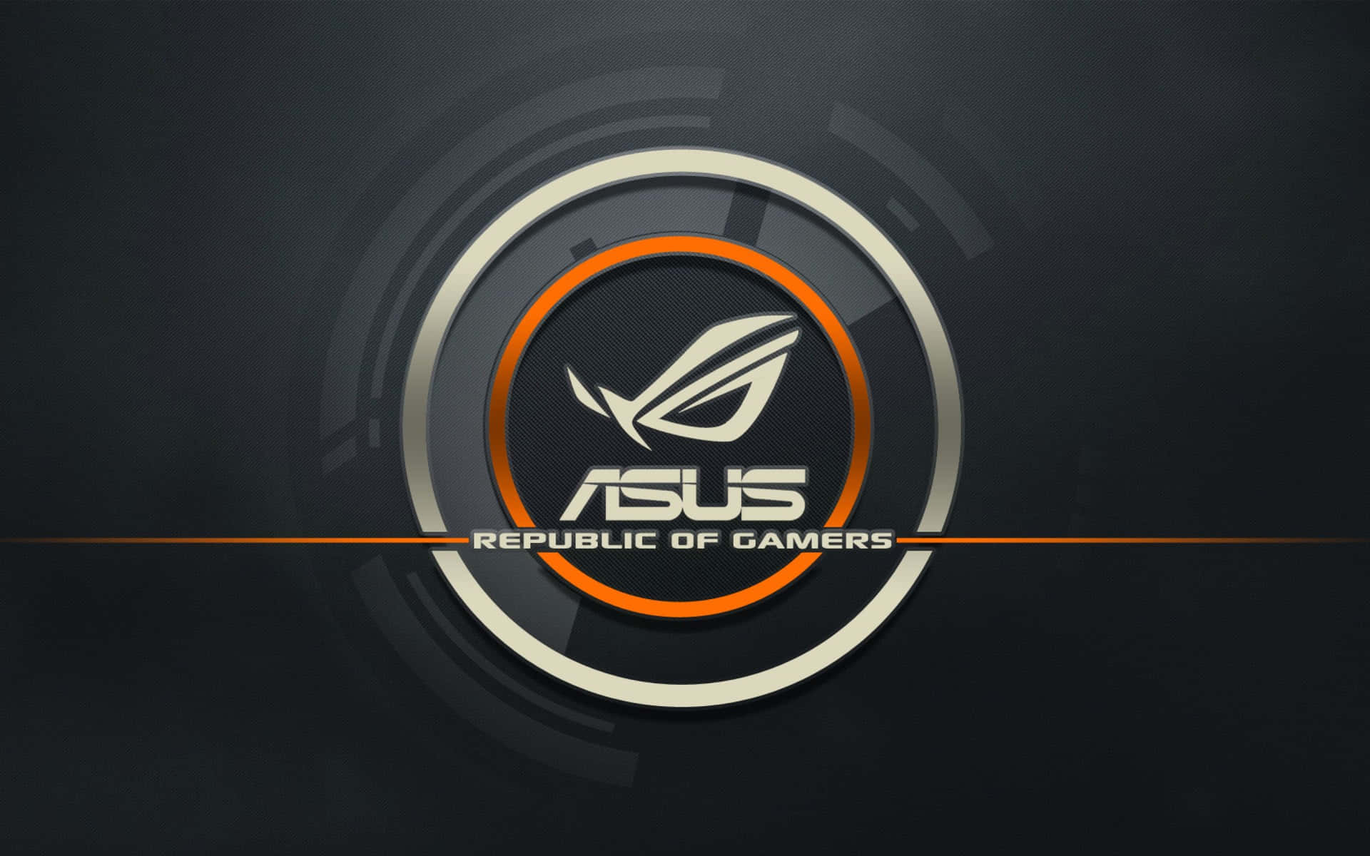 華碩 ROG 桌布 壁紙 — ASUS Republic of Gamers 標誌居中，金屬銀色和橙色圓環位於深色漸變背景上。