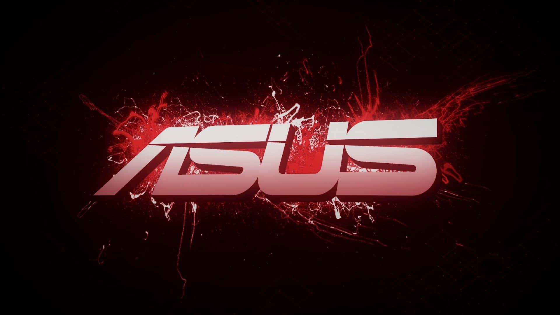 ASUS 桌布 壁紙 — ASUS 標誌在黑暗背景中散發出火紅色的能量，周圍環繞著爆炸性的油漆飛濺和電火花。