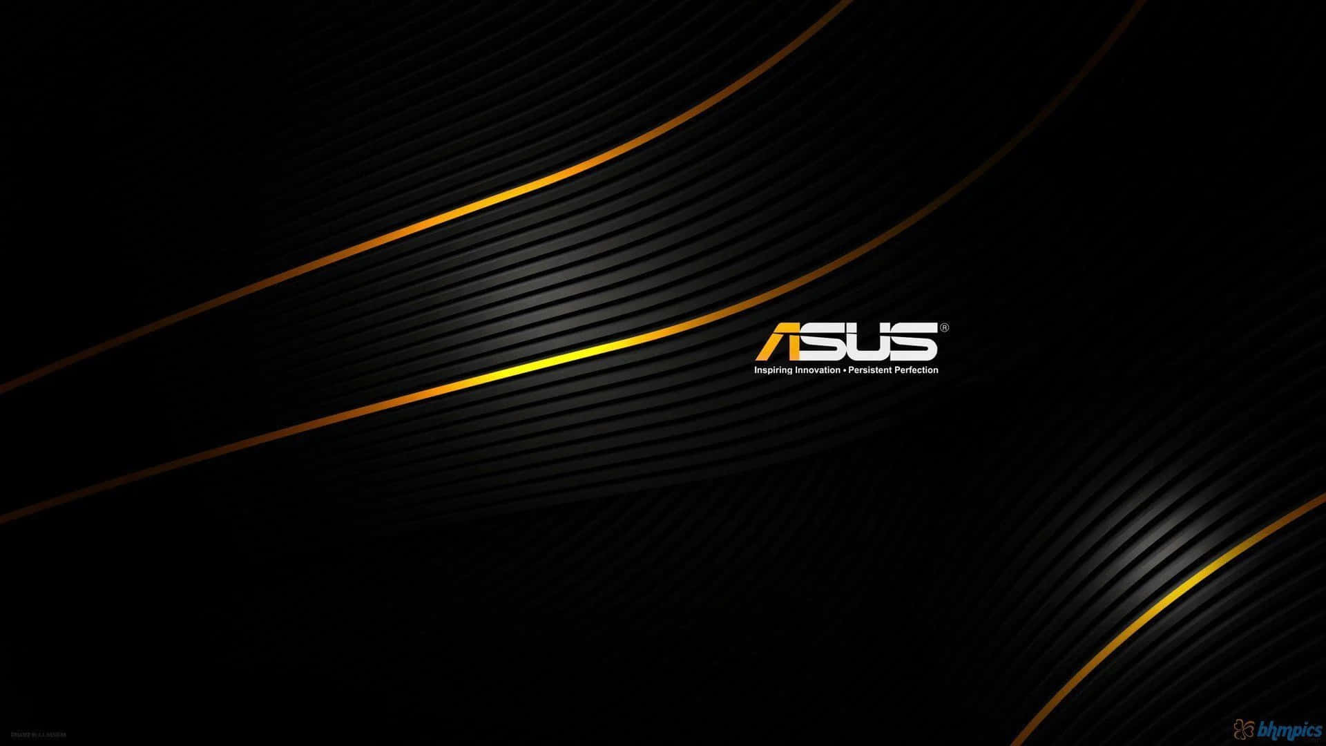 ASUS 桌布 壁紙 — ASUS 標誌居中於黑色背景上，帶有發光的金色曲線和微妙的放射狀紋理。