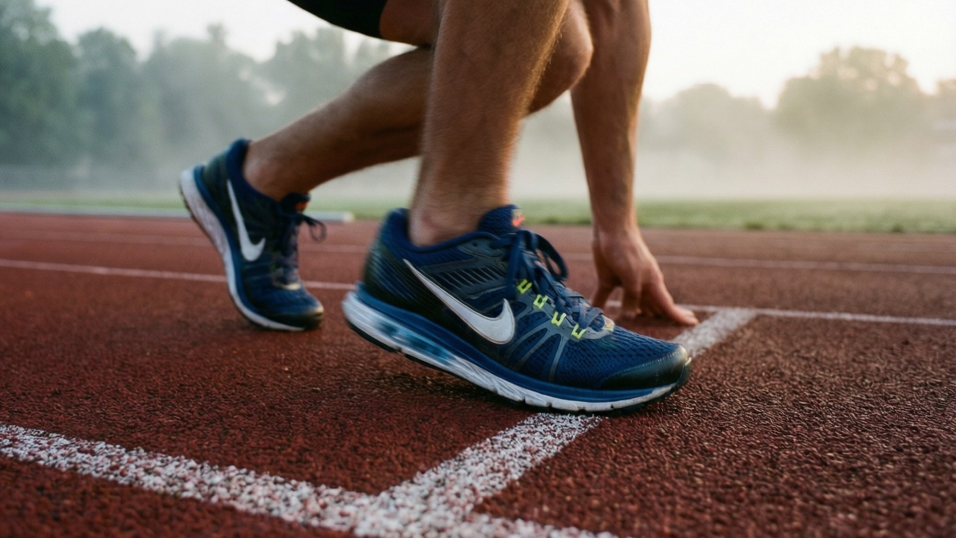 Start Line Ready 壁紙 — 穿著藍色Nike跑鞋的運動員在紅色跑道的起跑線上蹲下，背景是霧氣瀰漫的黎明。