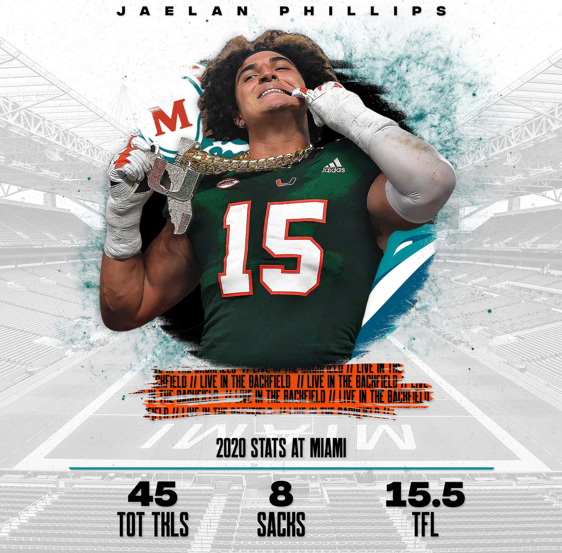  壁紙 — 運動員 Jaelan Phillips 身穿綠色邁阿密15號球衣，在體育場背景下與獎盃一同慶祝。
