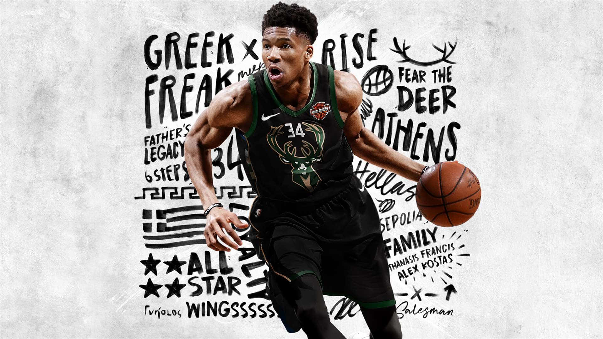 身穿黑色球衣的籃球運動員在塗鴉文字背景下運球。 — NBA 壁紙