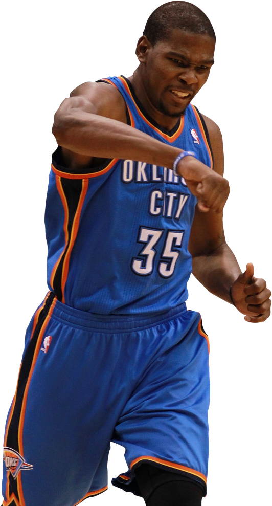 身穿藍色奧克拉荷馬城球衣35號的籃球運動員激烈展示肌肉。 — NBA 壁紙