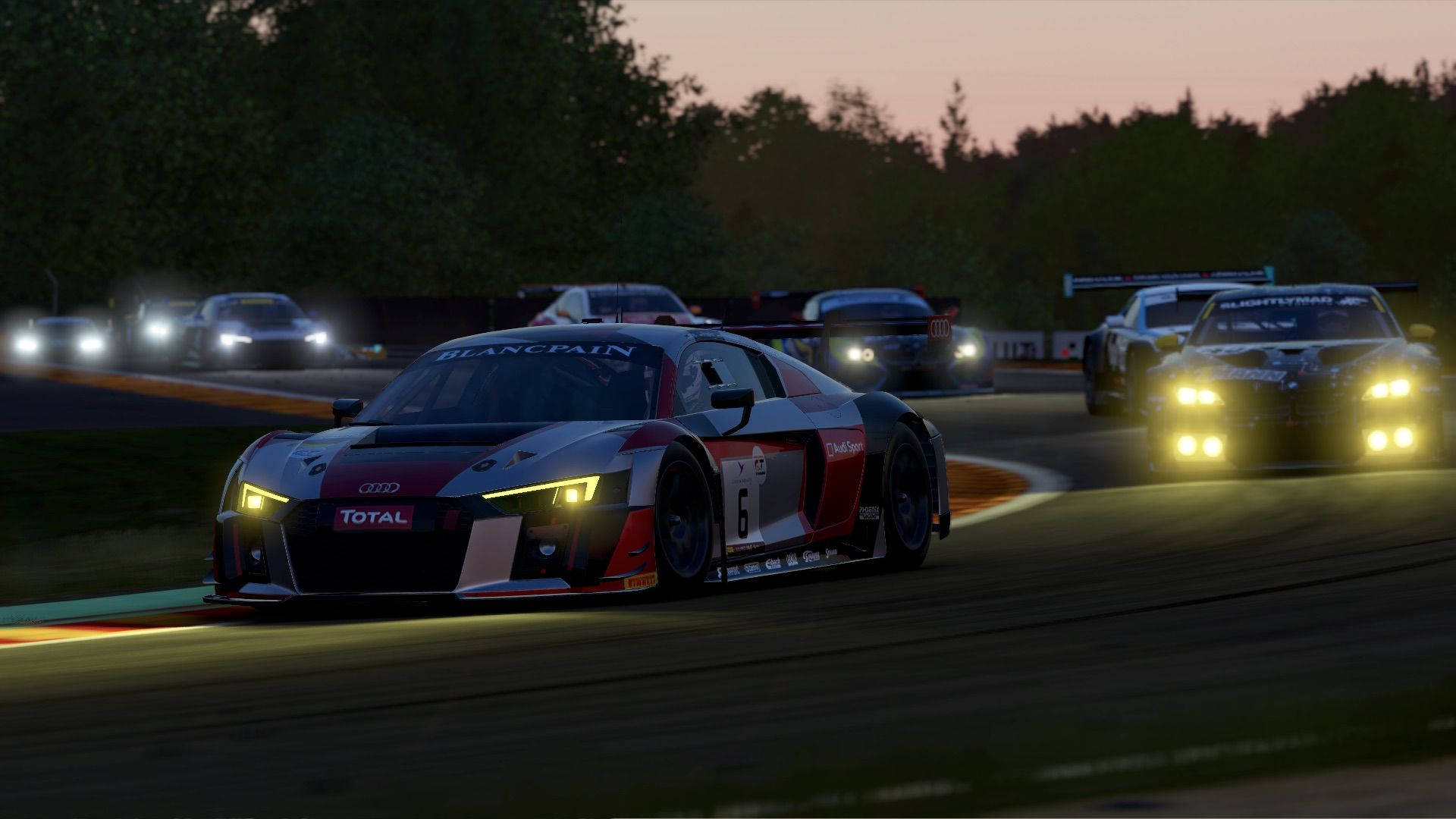 賽車在黃昏時分亮著車頭燈在賽道上飛馳。 — Project Cars 壁紙
