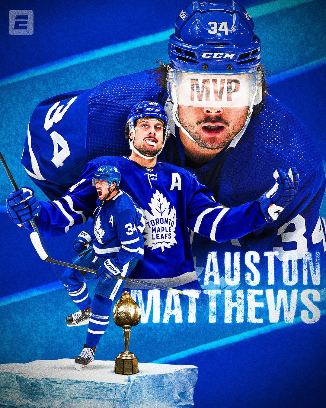 運動 桌布 壁紙 — Auston Matthews 身穿多倫多楓葉隊裝備，在動態藍色背景前與MVP獎盃一同慶祝。