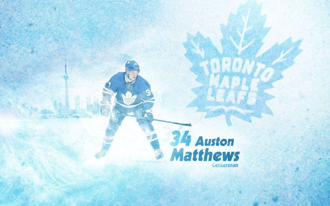 運動 桌布 壁紙 — Auston Matthews 身穿多倫多楓葉隊裝備，在冰藍色背景上動態滑冰，背景有球隊標誌和城市天際線。