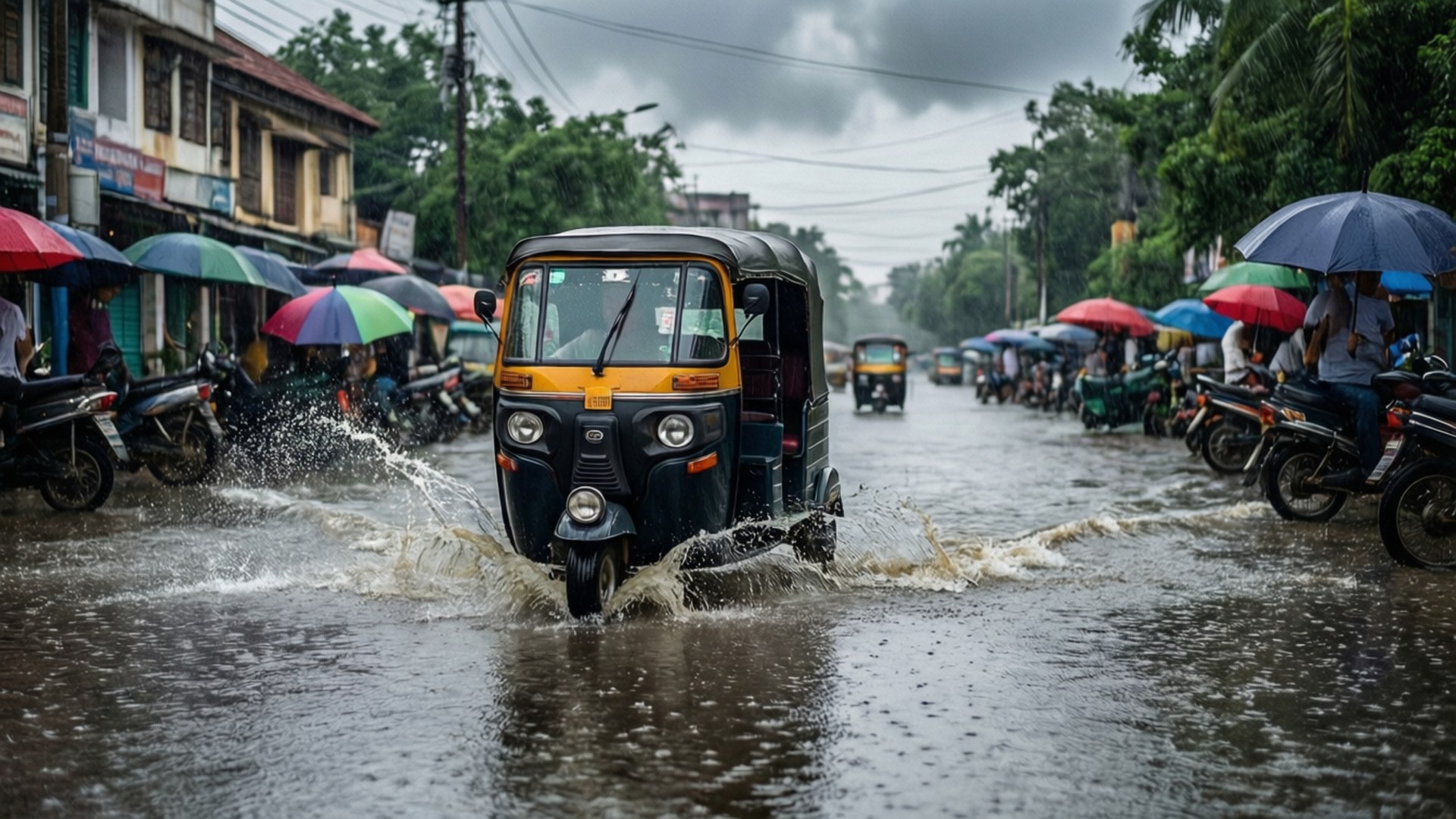 Monsoon in Chennai 壁紙 — 一輛黑黃色的自動人力車在佈滿彩色雨傘的雨濕街道上濺起深水洪水。